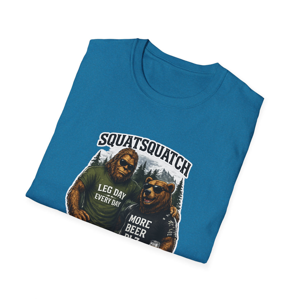 Bigfoot Leg Day T-Shirt — "Squat Squatch" Gym Humor with Beer Buddy