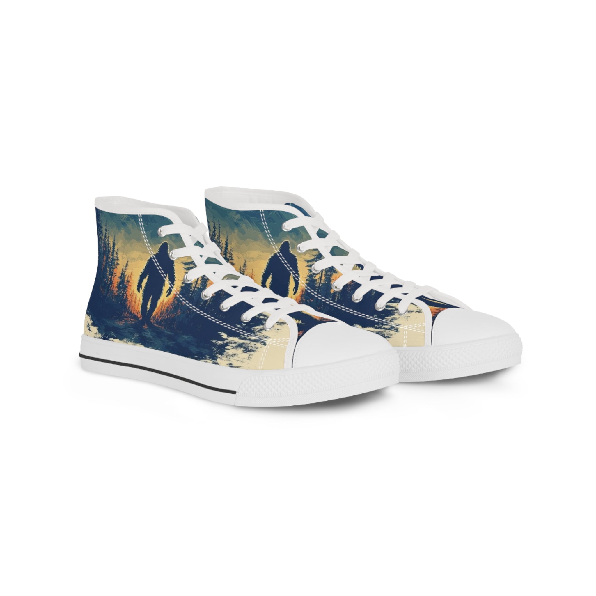 Bigfoot Walking in the Woods at Sunset Men's High Top Sneakers