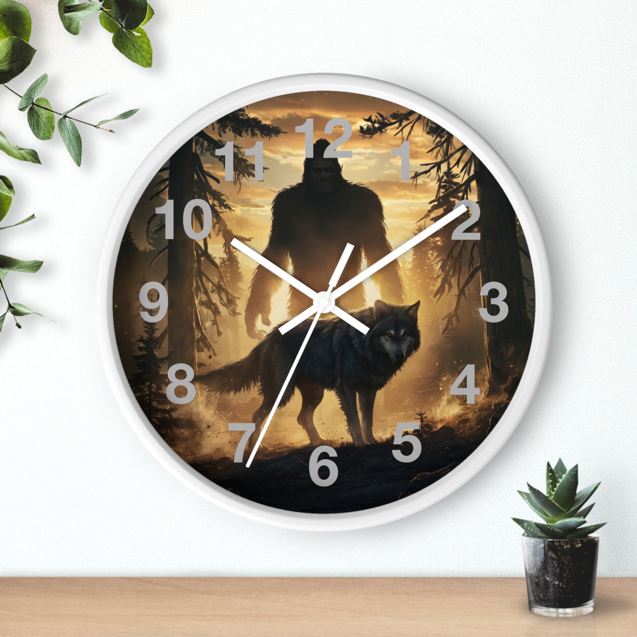 Bigfoot and Wolf Wall Clock — Rustic Cryptid Forest Clock