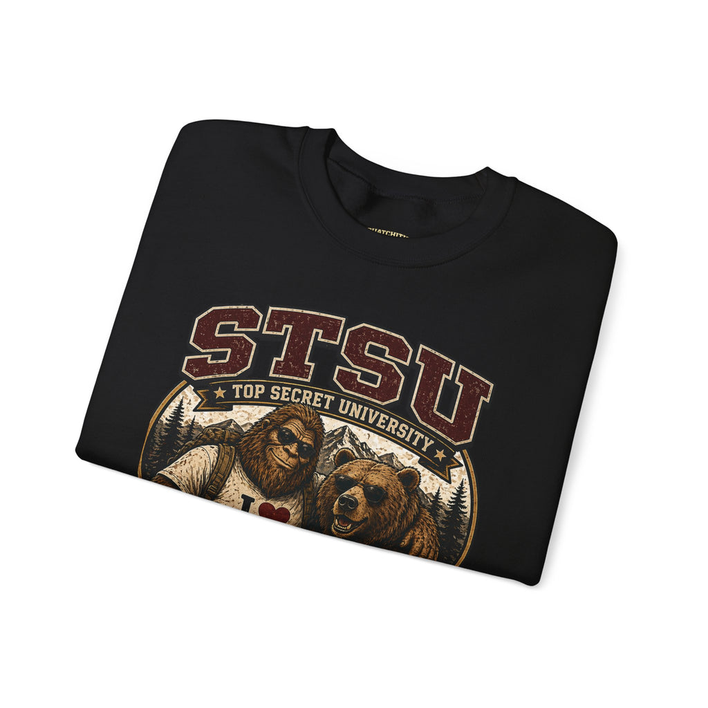 Squatchitis Top Secret University Bigfoot& Bear Crewneck Sweatshirt