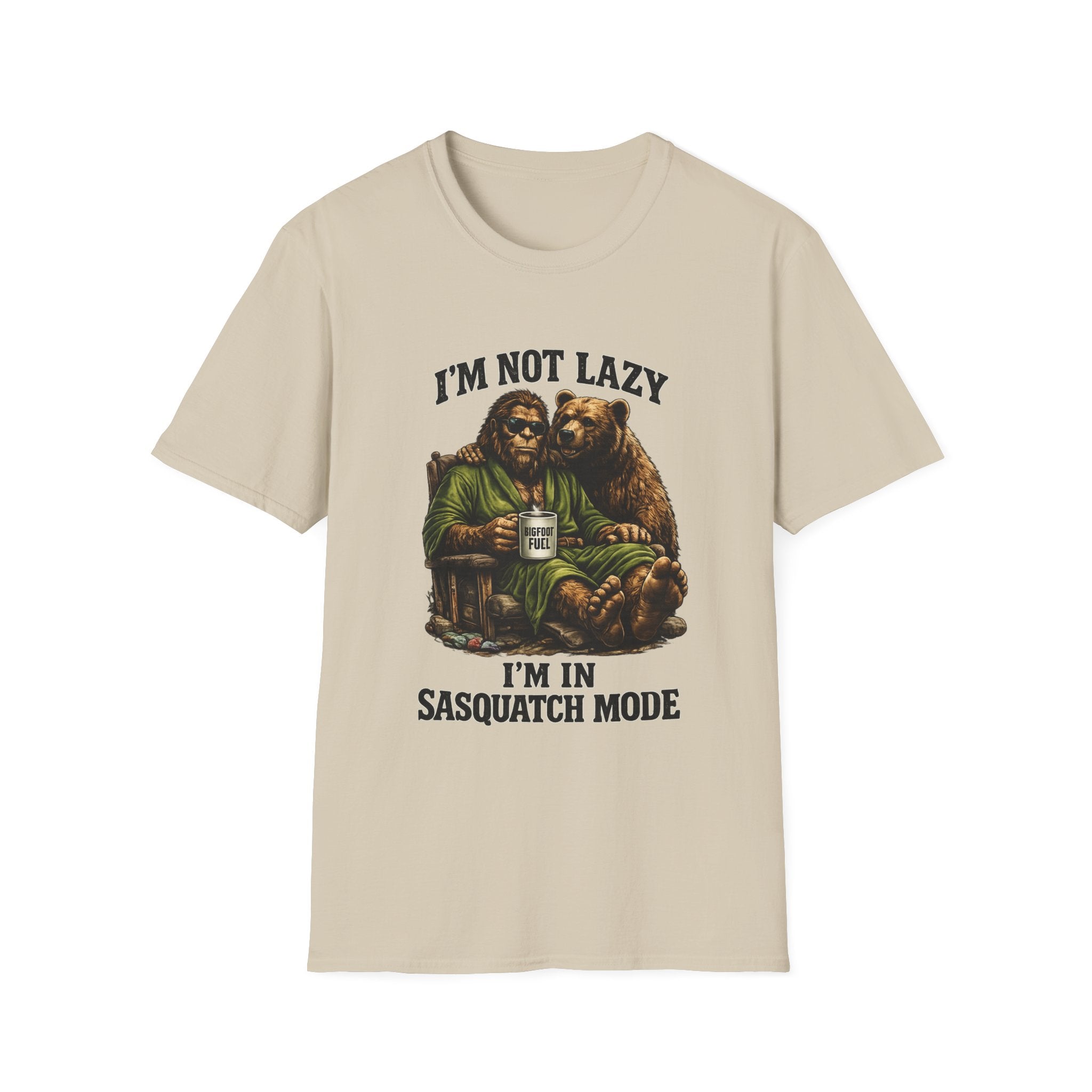 Squatch Mode Bigfoot with Coffee T-Shirt | Sasquatch Sitting with Bear Buddy