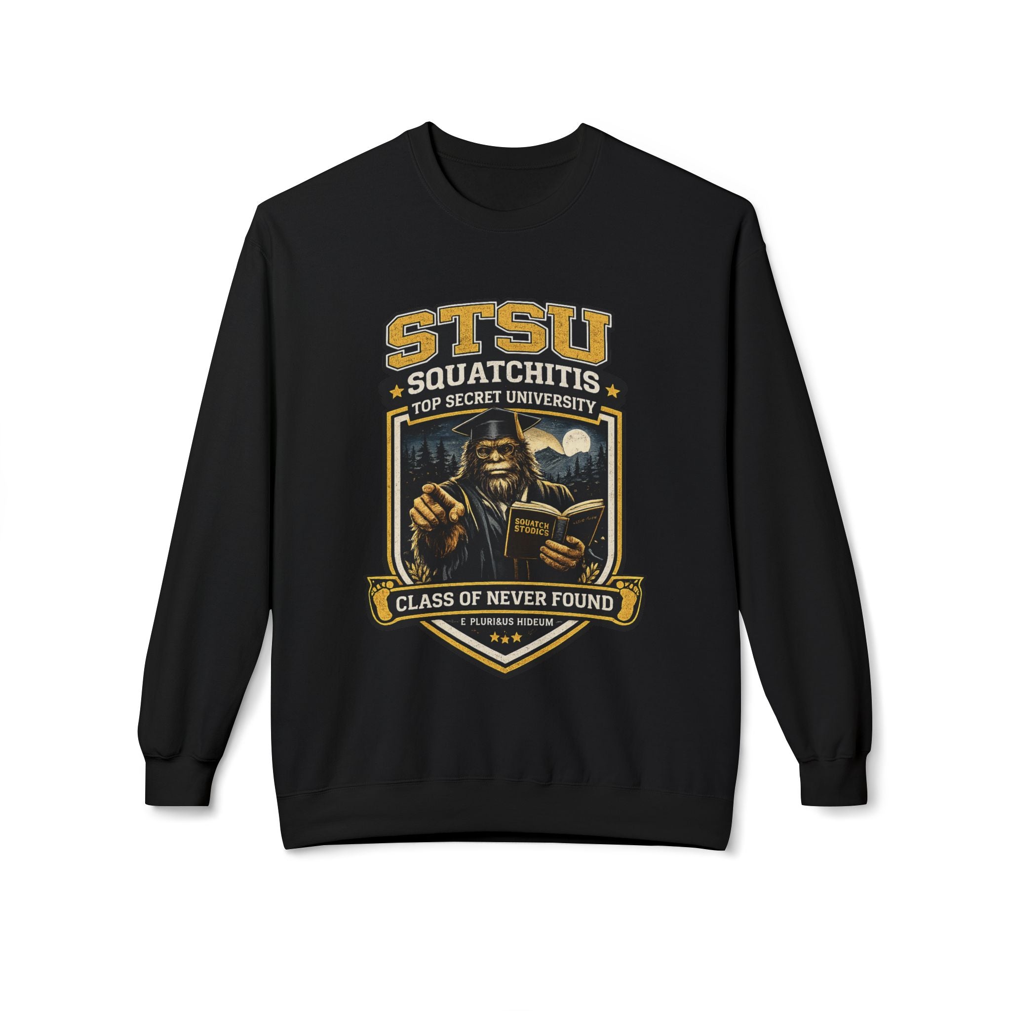 Squatchitis University Bigfoot in Cap and Gown Sweatshirt