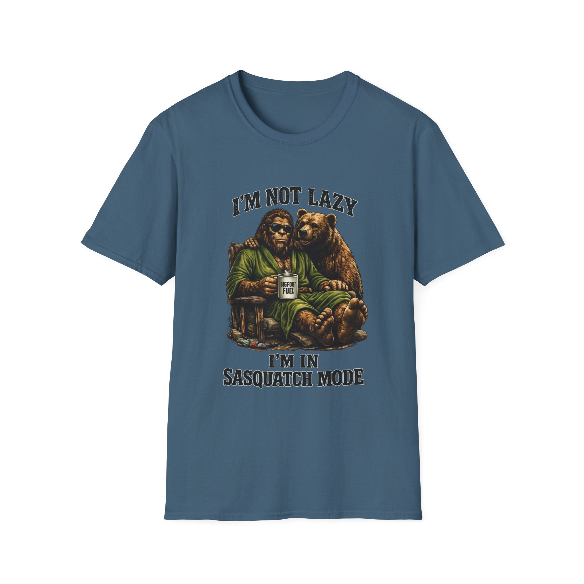 Squatch Mode Bigfoot with Coffee T-Shirt | Sasquatch Sitting with Bear Buddy