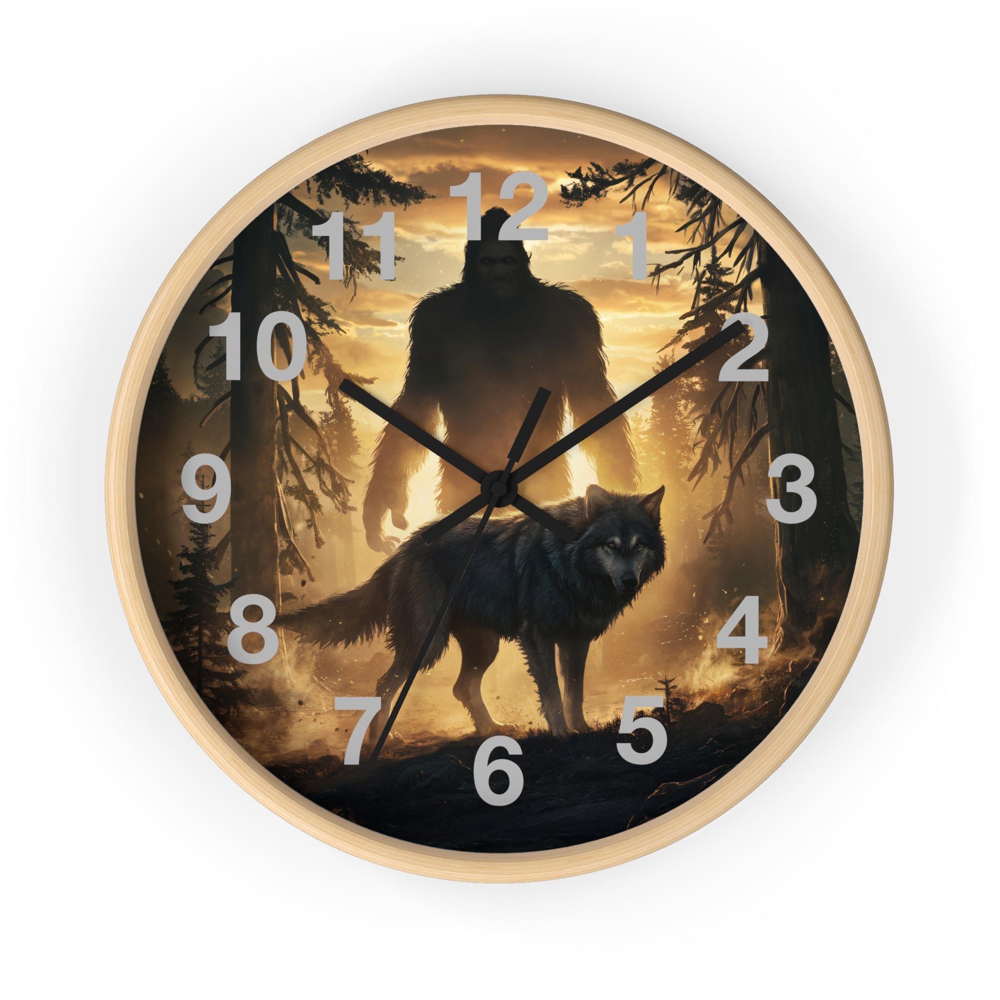 Bigfoot and Wolf Wall Clock — Rustic Cryptid Forest Clock