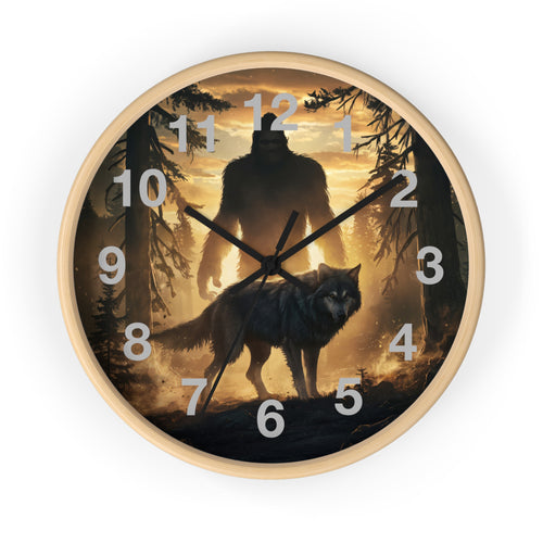 Bigfoot and Wolf Wall Clock — Rustic Cryptid Forest Clock