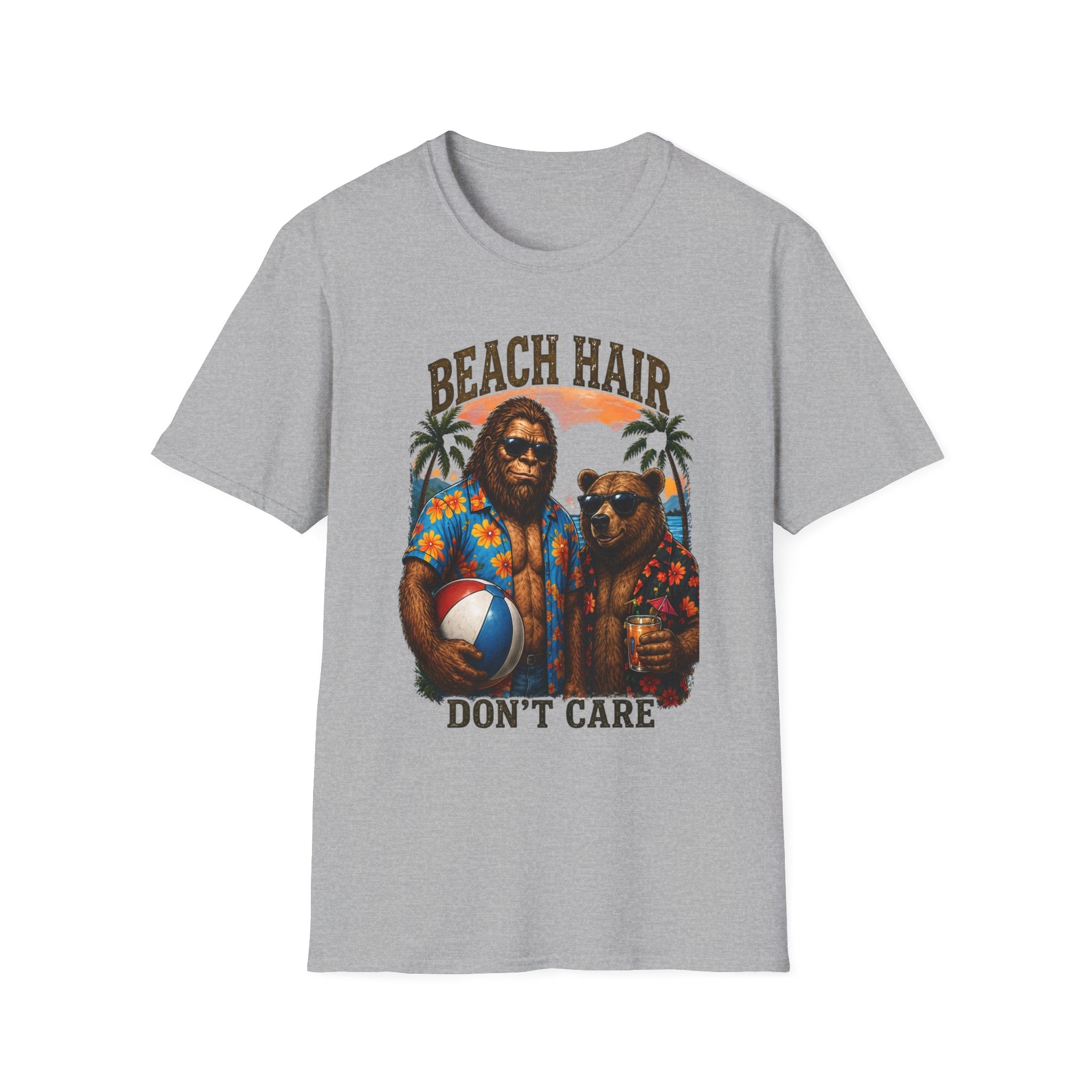 Bigfoot Beach Shirt T-Shirt — "Beach Hair Don't Care" with Hawaiian Bigfoot & Bear