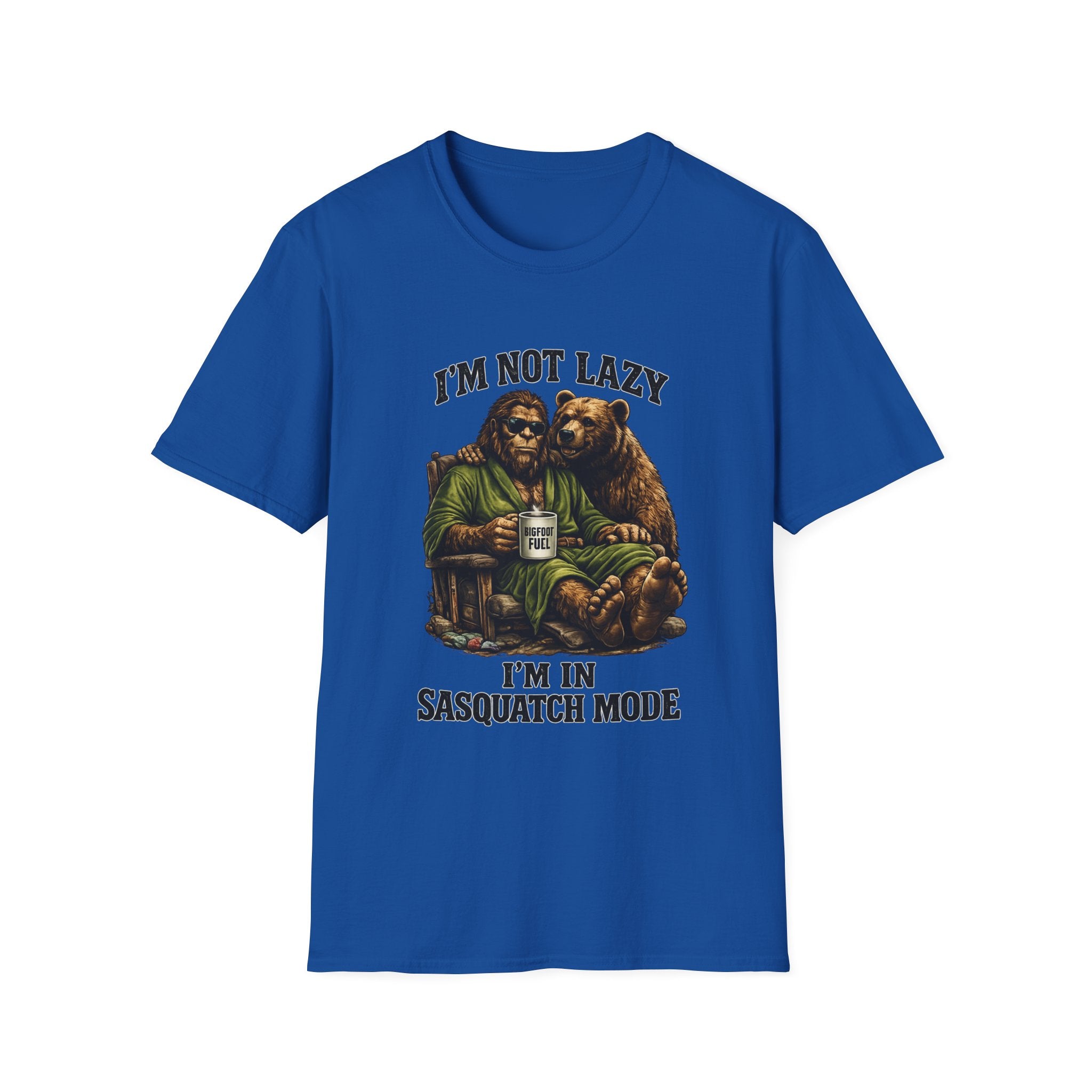Squatch Mode Bigfoot with Coffee T-Shirt | Sasquatch Sitting with Bear Buddy