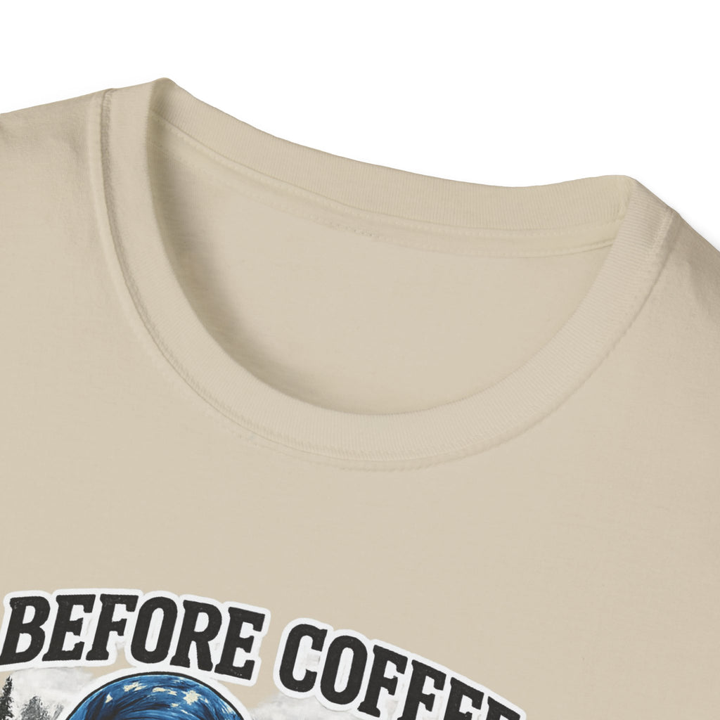 Bigfoot Holding Coffee T-Shirt — "Before Coffee We Are All Humans"