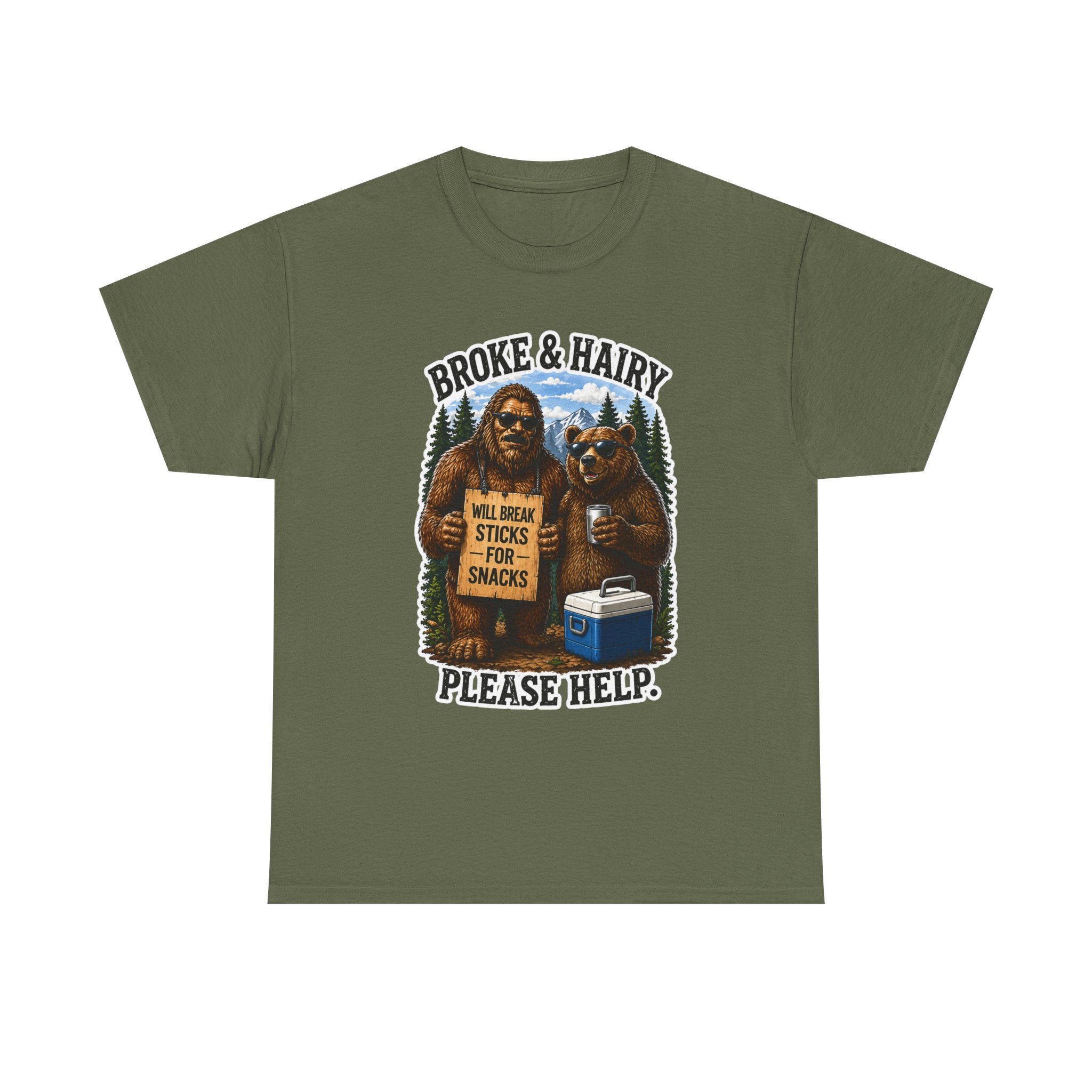 Broke and Harry Bigfoot and Bear Asking for Help T-Shirt | Cartoon Woodland Funny