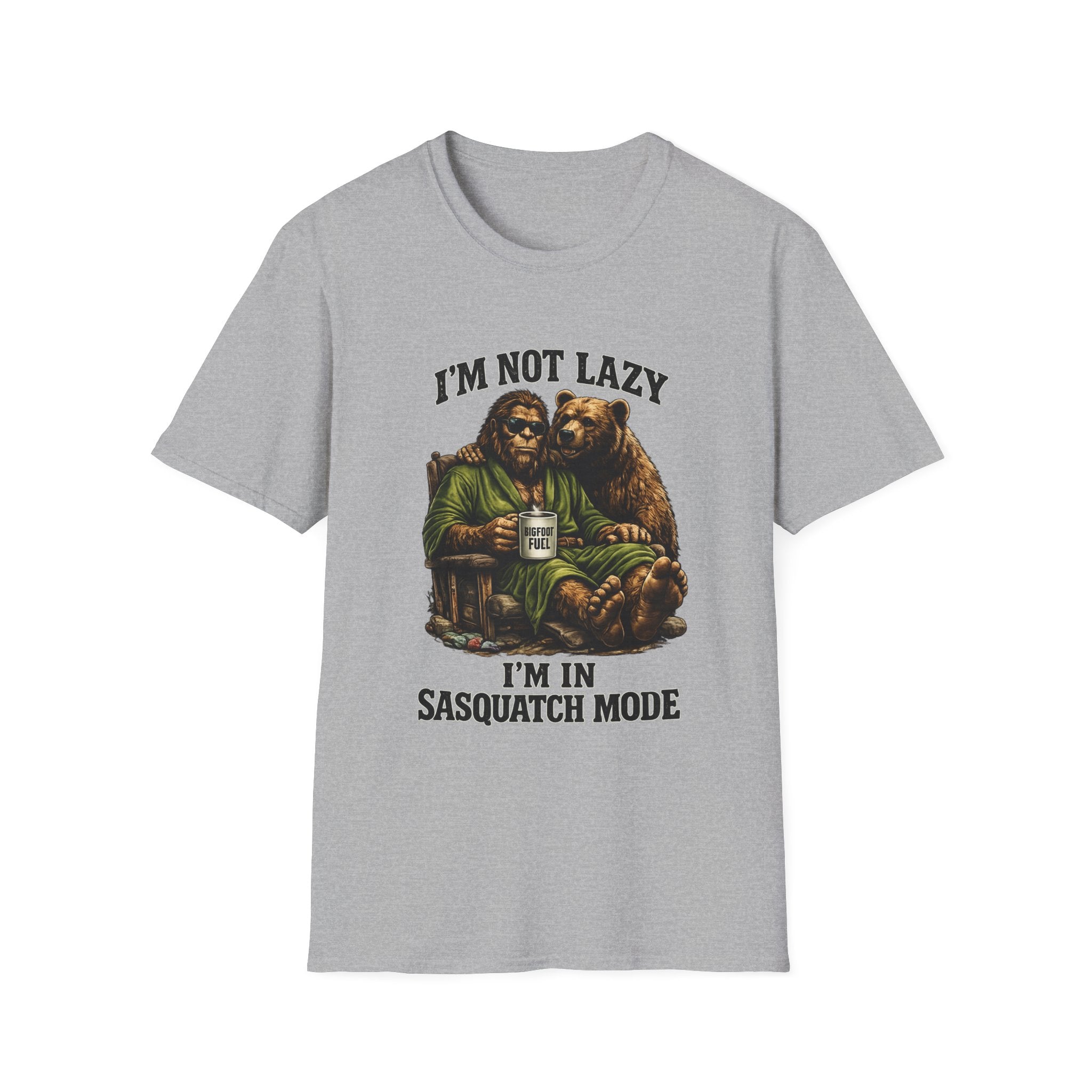 Squatch Mode Bigfoot with Coffee T-Shirt | Sasquatch Sitting with Bear Buddy