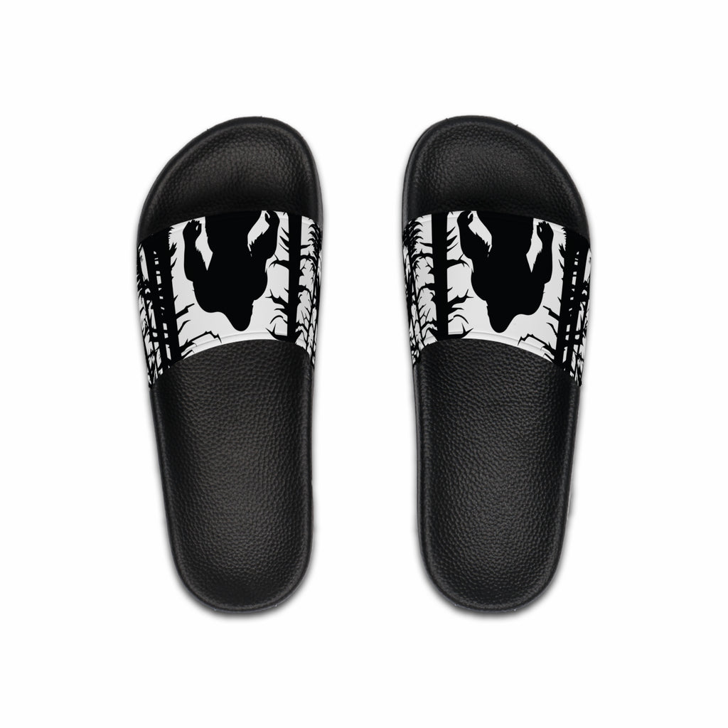 Bigfoot in the Woods Slide Sandals | Black and White Sasquatch Design