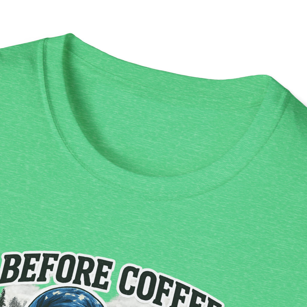 Bigfoot Holding Coffee T-Shirt — "Before Coffee We Are All Humans"