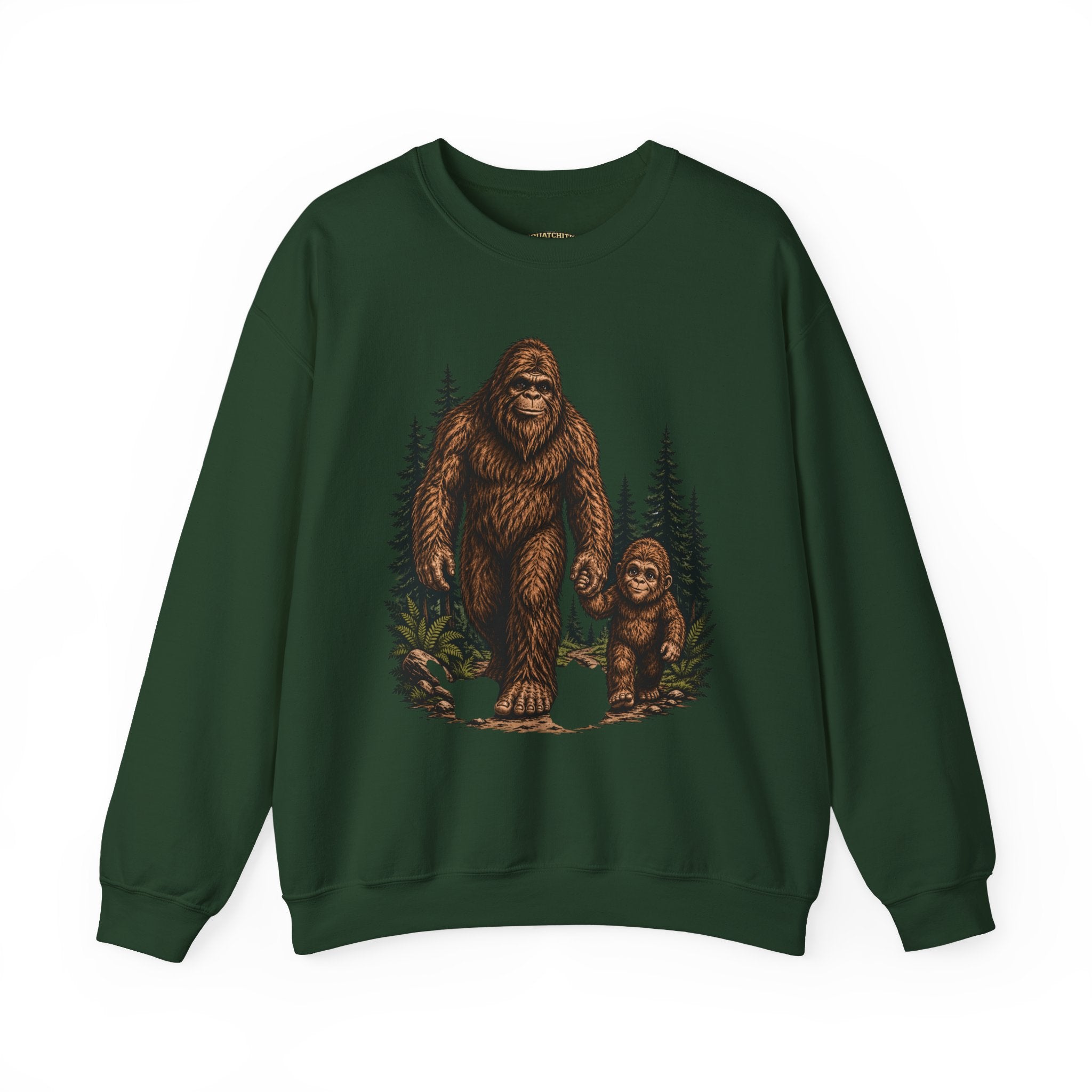 Bigfoot and Boy Walking Through Woods Sweatshirt | Sasquatch Woodland Design