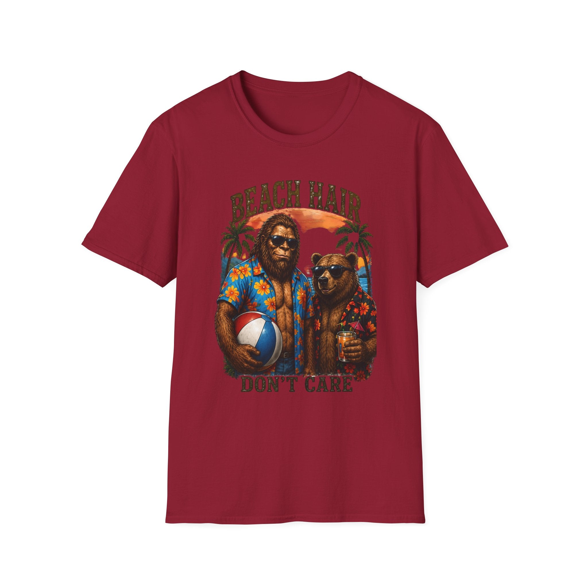 Bigfoot Beach Shirt T-Shirt — "Beach Hair Don't Care" with Hawaiian Bigfoot & Bear