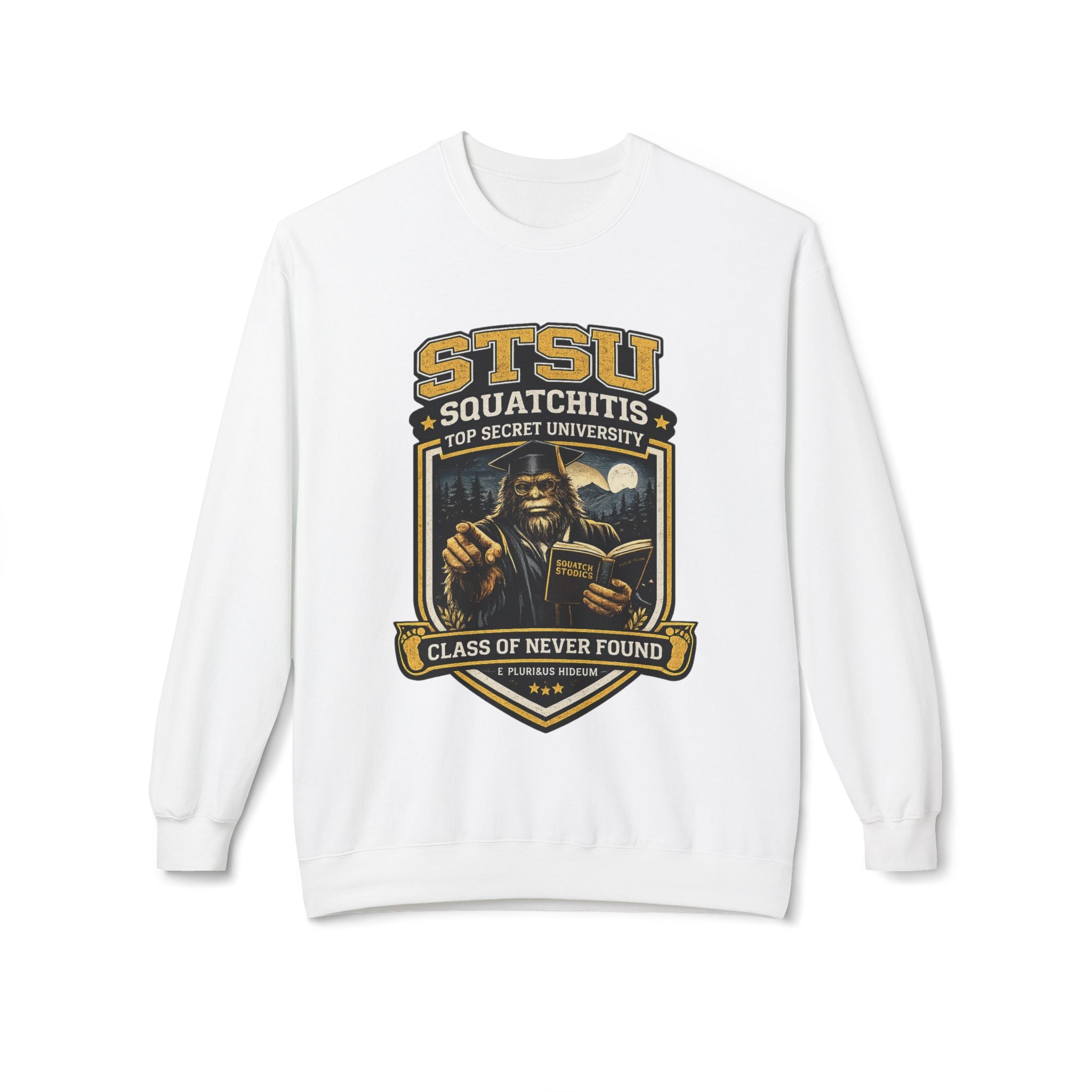 Squatchitis University Bigfoot in Cap and Gown Sweatshirt