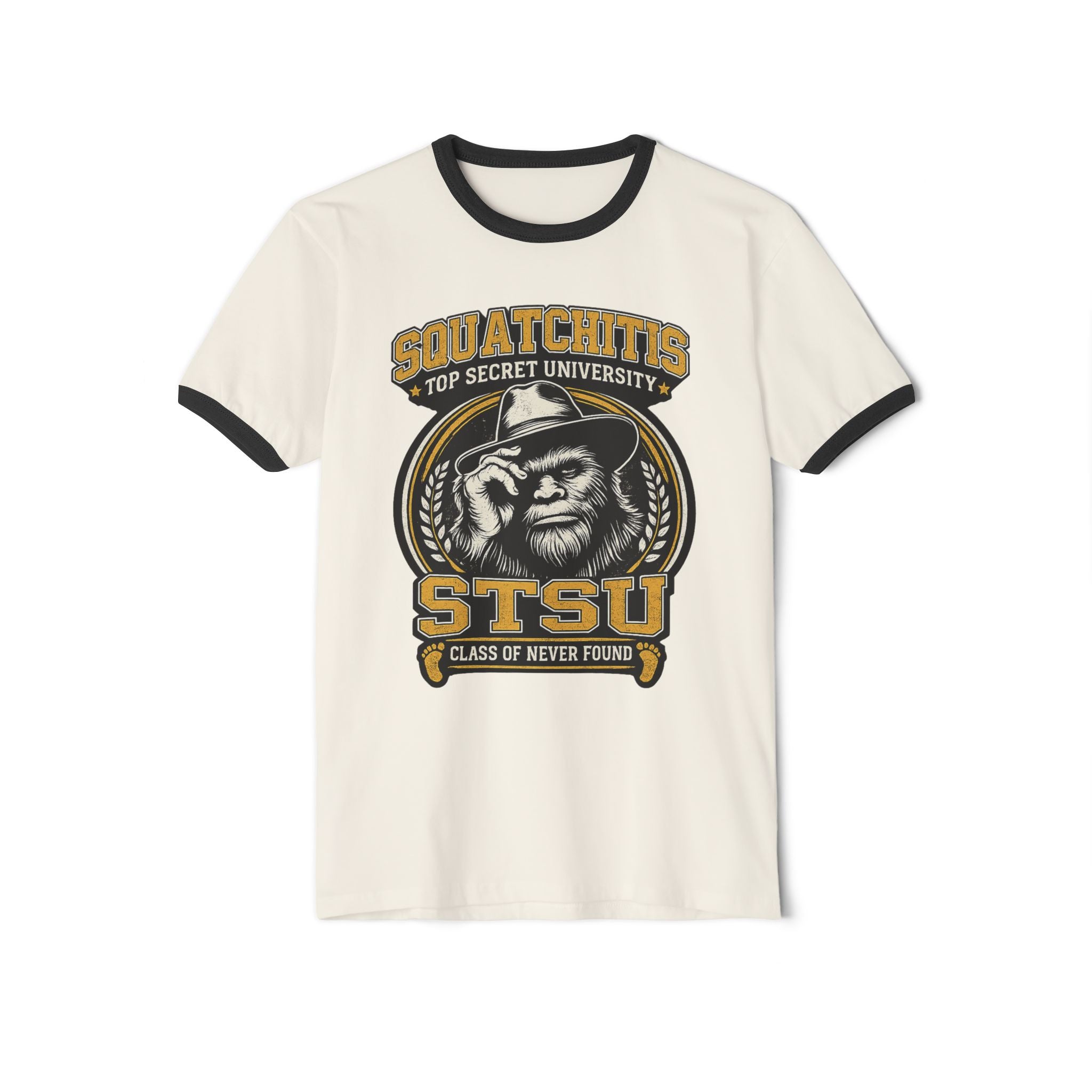Squatchitis University Ringer T-Shirt | Bigfoot College Logo Tee