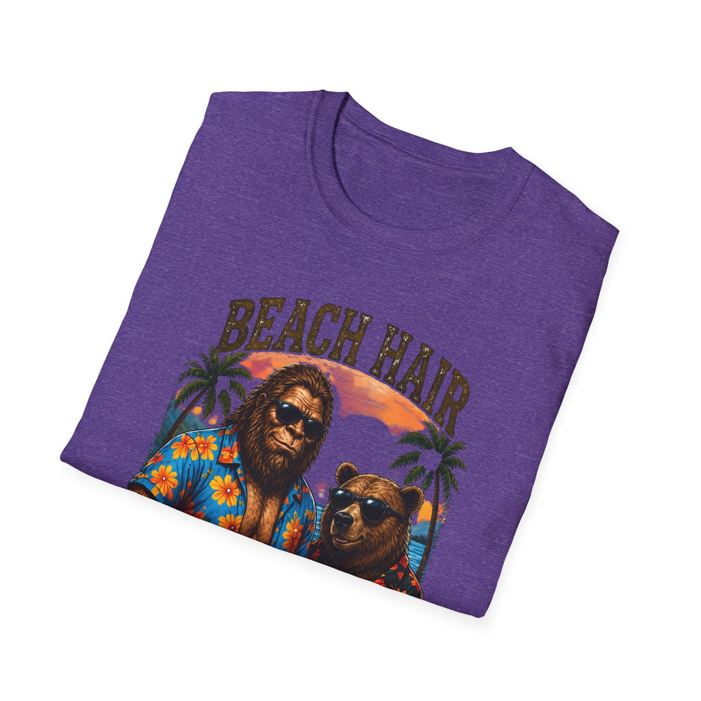 Bigfoot Beach Shirt T-Shirt — "Beach Hair Don't Care" with Hawaiian Bigfoot & Bear