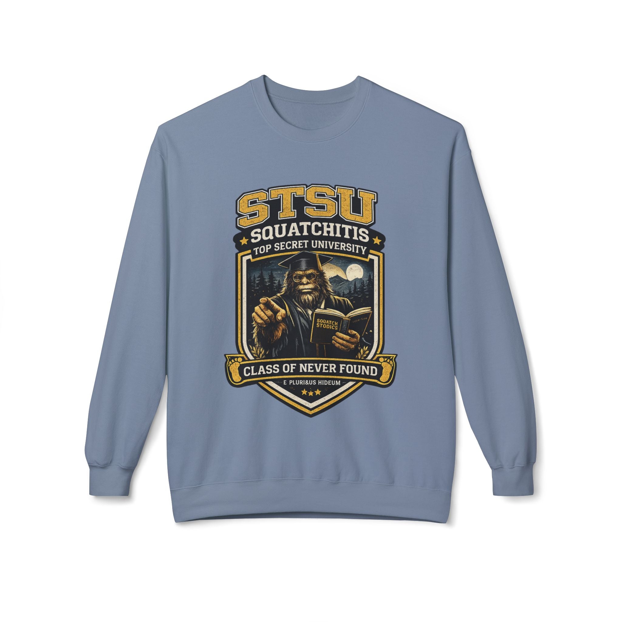 Squatchitis University Bigfoot in Cap and Gown Sweatshirt