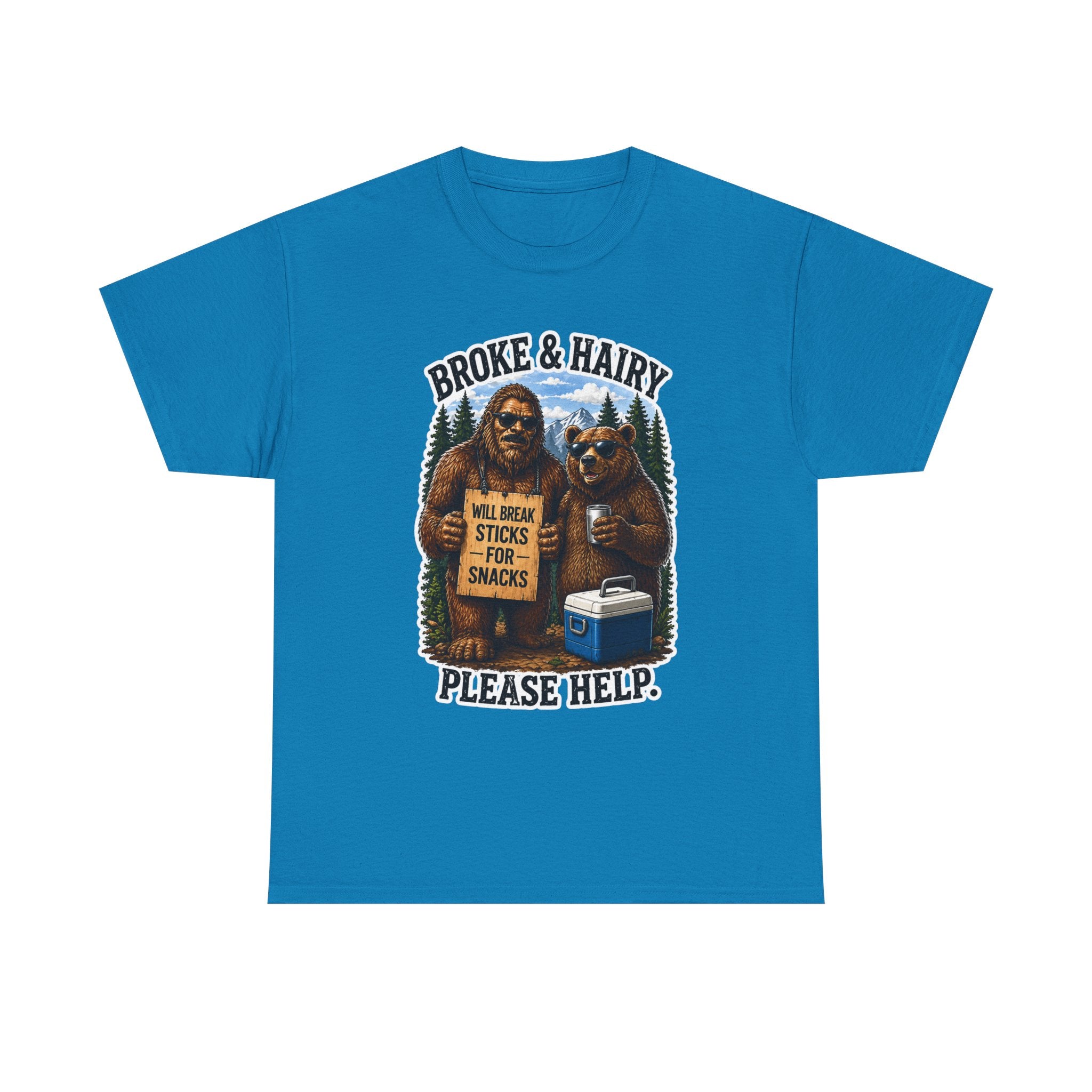Broke and Harry Bigfoot and Bear Asking for Help T-Shirt | Cartoon Woodland Funny