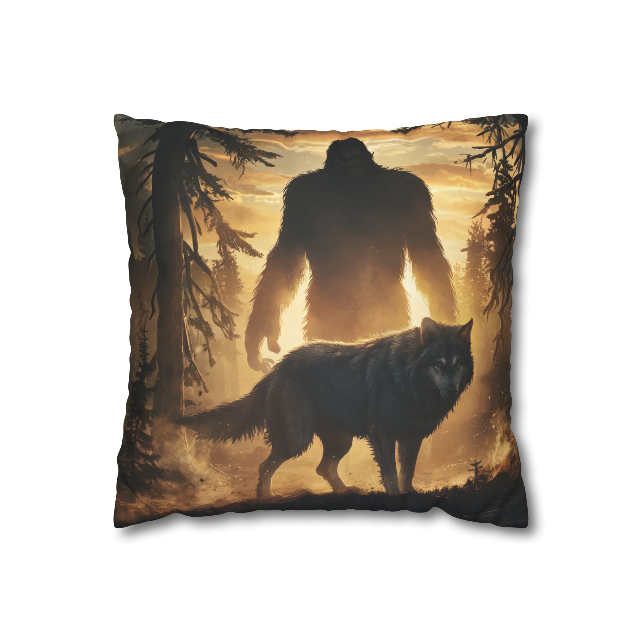 Bigfoot and Wolf Faux Suede Square Pillowcase — Rustic Woodland Accent Pillow