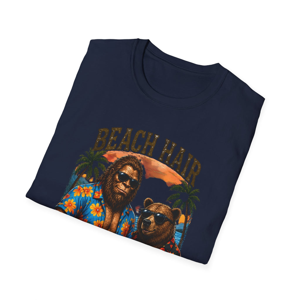 Bigfoot Beach Shirt T-Shirt — "Beach Hair Don't Care" with Hawaiian Bigfoot & Bear