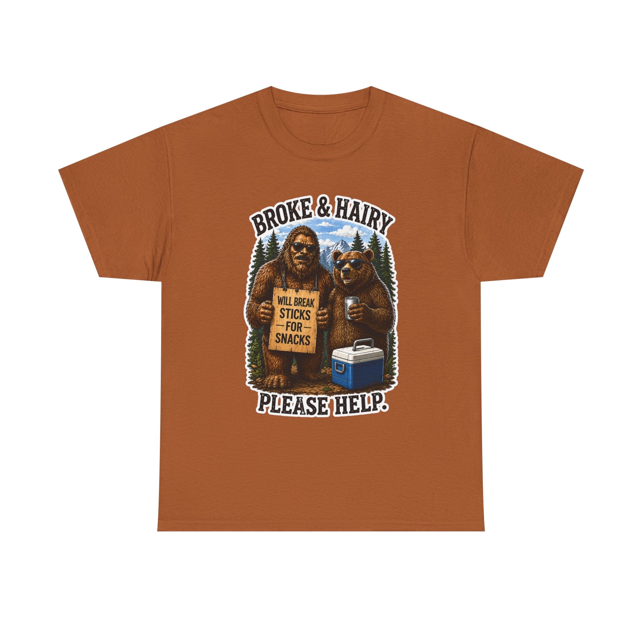 Broke and Harry Bigfoot and Bear Asking for Help T-Shirt | Cartoon Woodland Funny