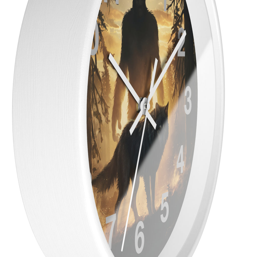 Bigfoot and Wolf Wall Clock — Rustic Cryptid Forest Clock