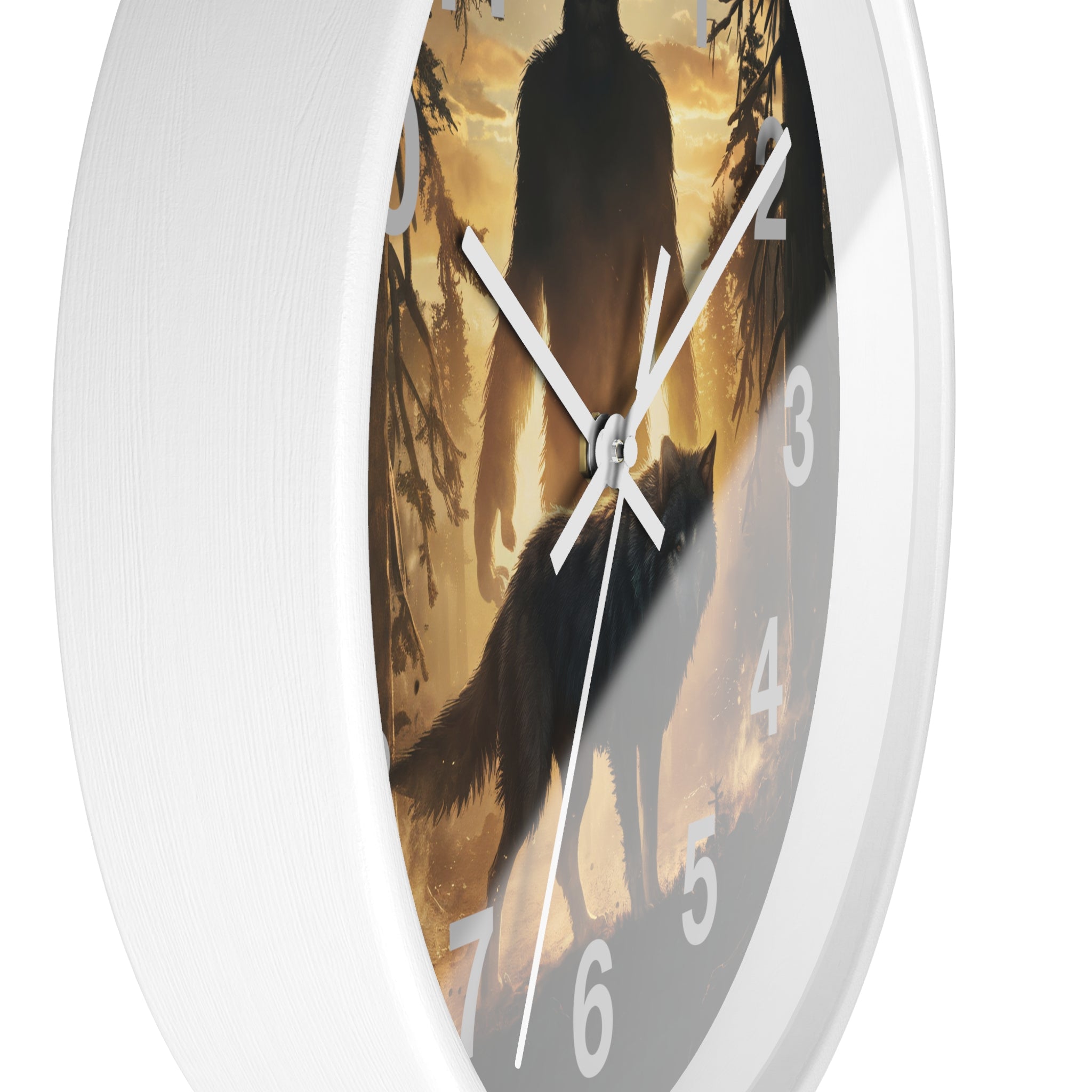 Bigfoot and Wolf Wall Clock — Rustic Cryptid Forest Clock