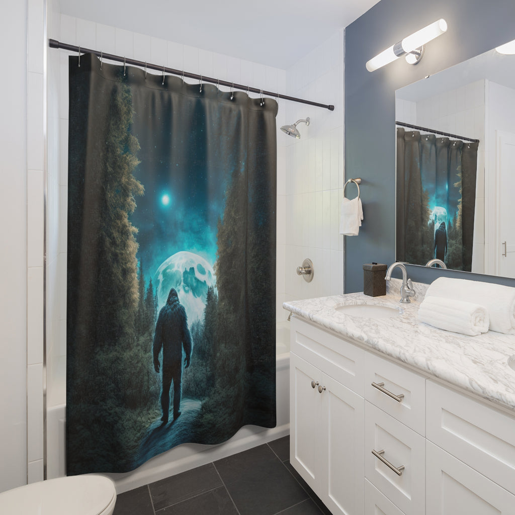 Bigfoot Glow Shower Curtain | Sasquatch Forest Night Scene