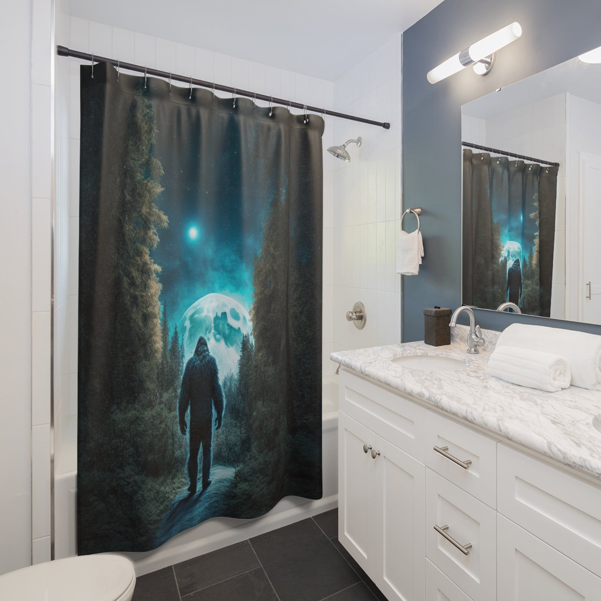 Bigfoot Glow Shower Curtain | Sasquatch Forest Night Scene