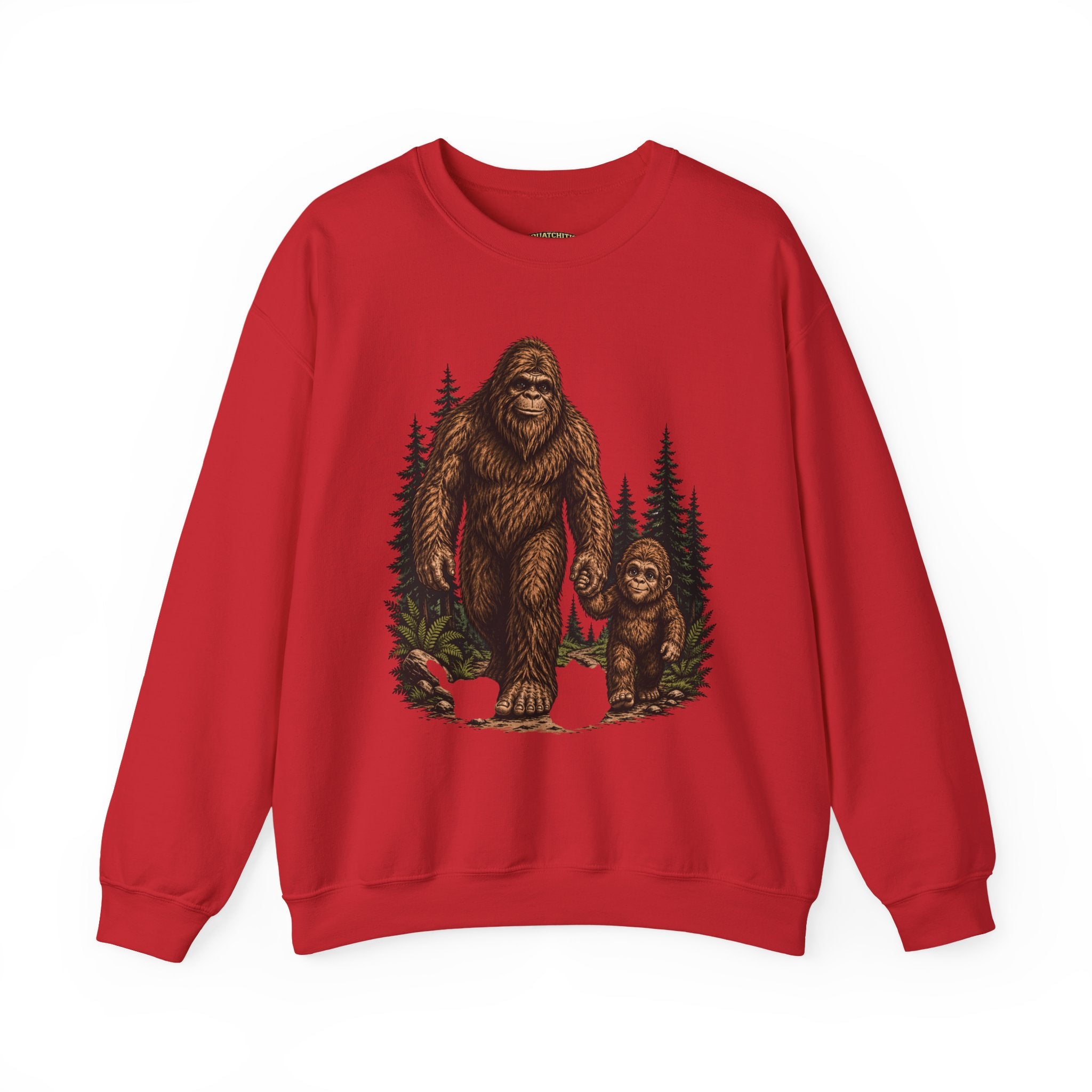 Bigfoot and Boy Walking Through Woods Sweatshirt | Sasquatch Woodland Design