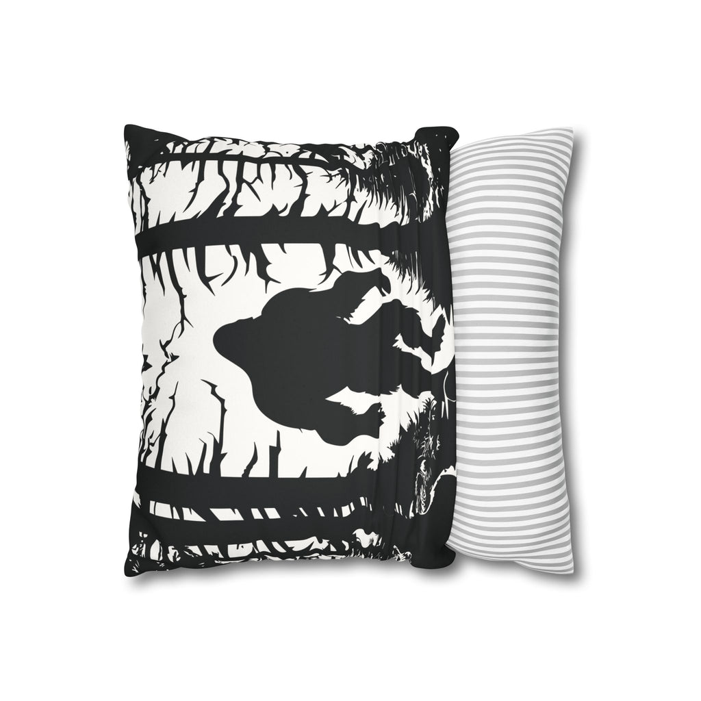 Bigfoot in Woods Faux Suede Square Pillowcase — Black & White Cryptid Throw Pillow