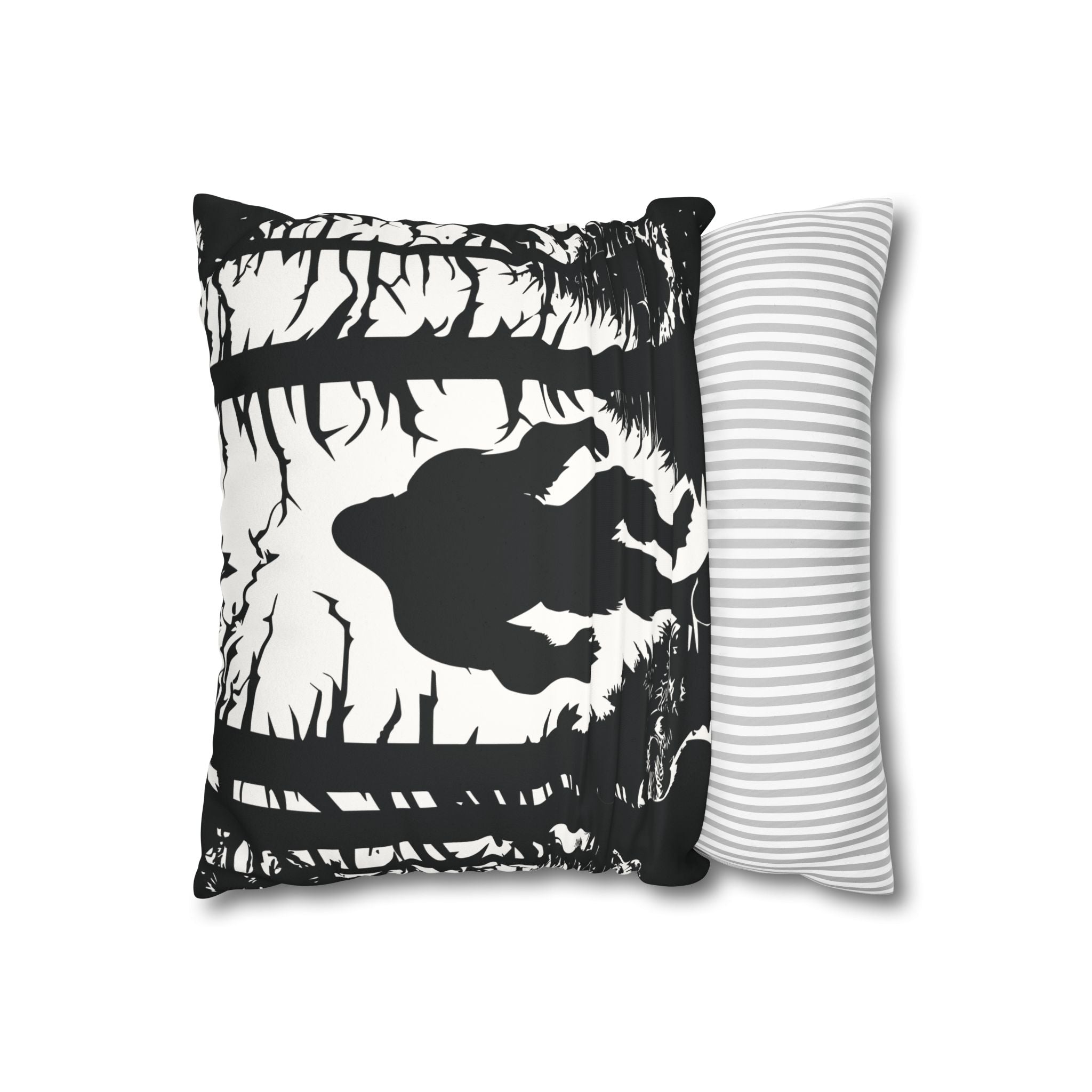 Bigfoot in Woods Faux Suede Square Pillowcase — Black & White Cryptid Throw Pillow