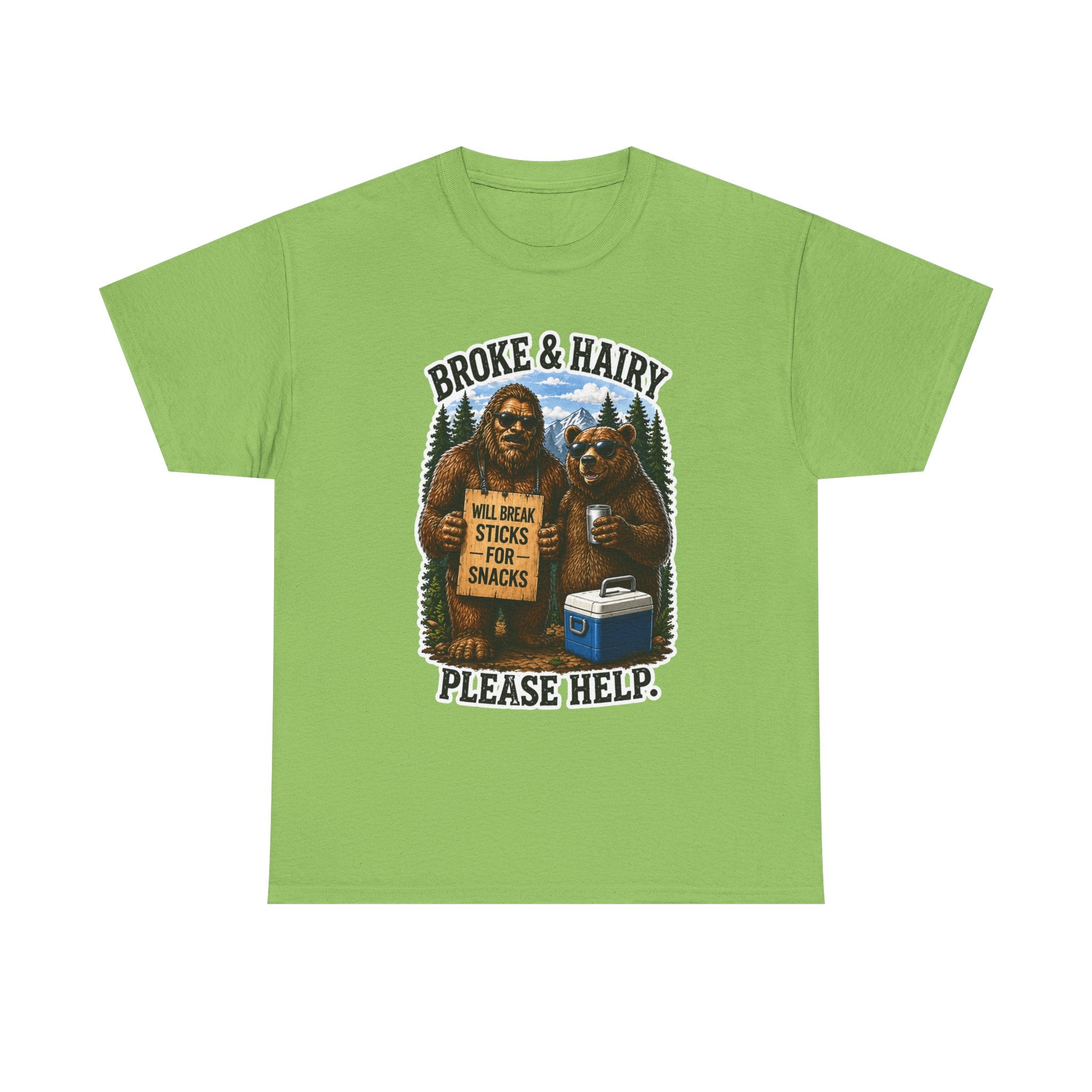 Broke and Harry Bigfoot and Bear Asking for Help T-Shirt | Cartoon Woodland Funny
