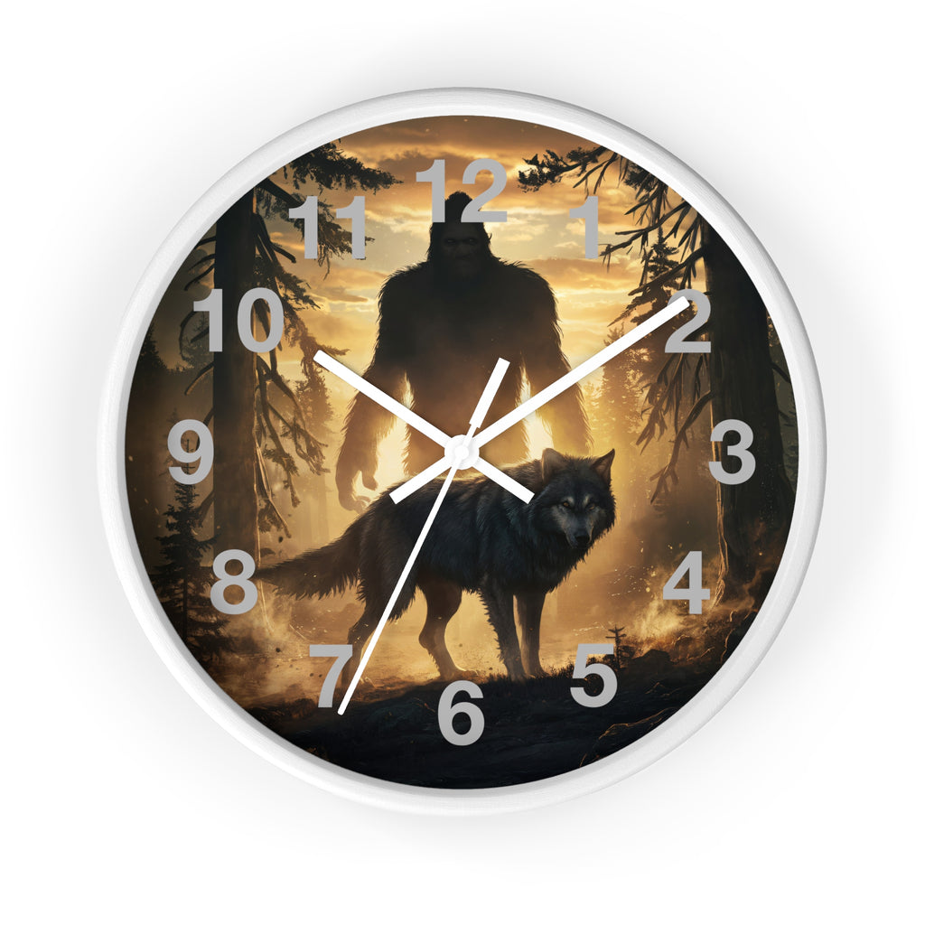 Bigfoot and Wolf Wall Clock — Rustic Cryptid Forest Clock