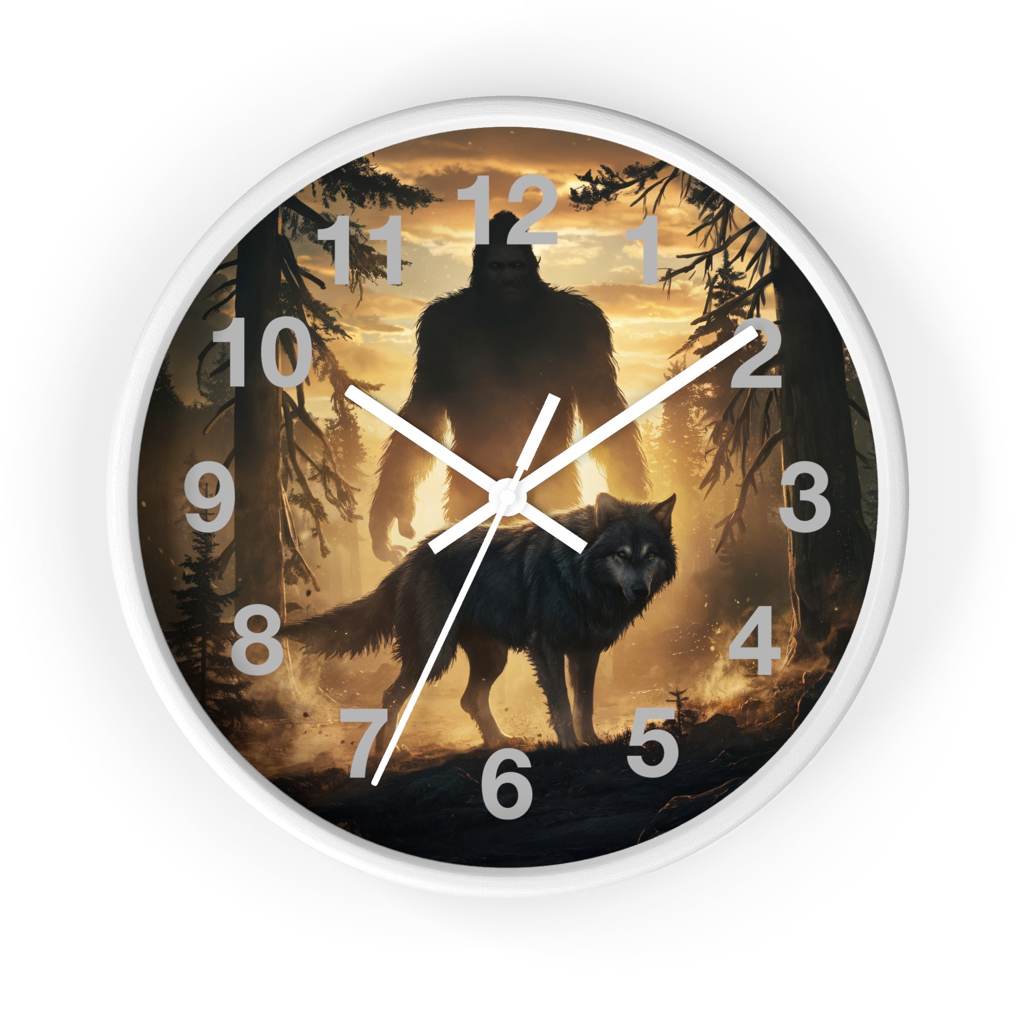 Bigfoot and Wolf Wall Clock — Rustic Cryptid Forest Clock