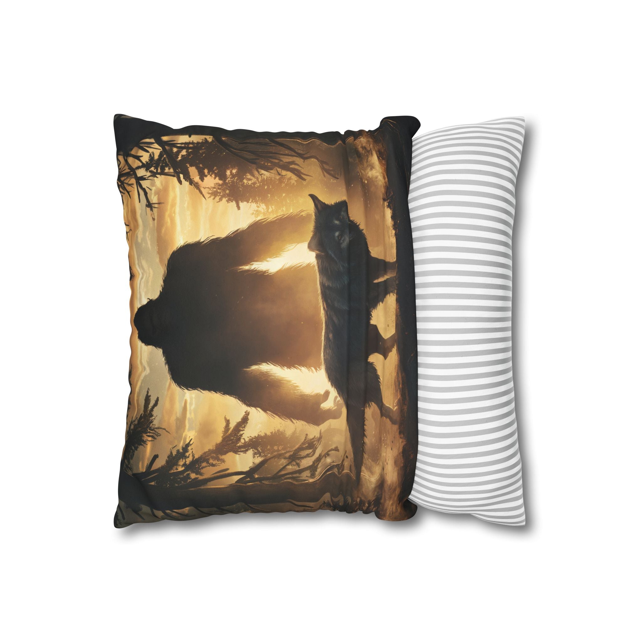 Bigfoot and Wolf Faux Suede Square Pillowcase — Rustic Woodland Accent Pillow