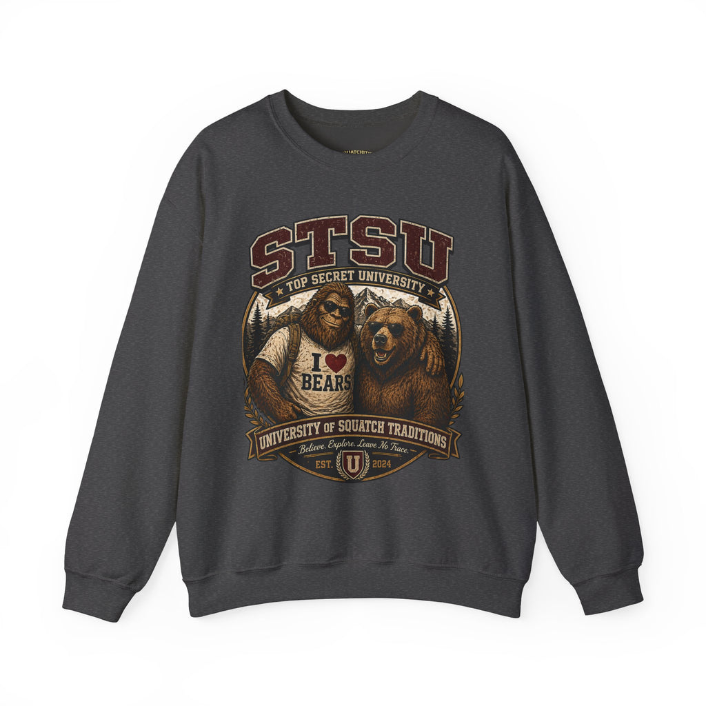Squatchitis Top Secret University Bigfoot& Bear Crewneck Sweatshirt