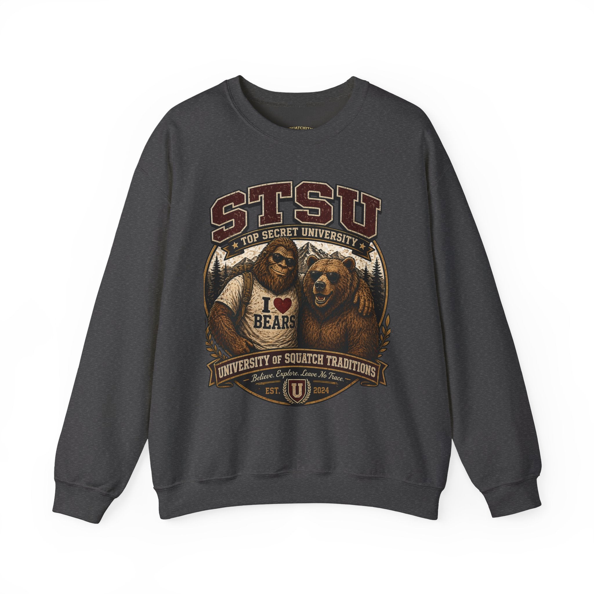 Squatchitis Top Secret University Bigfoot& Bear Crewneck Sweatshirt