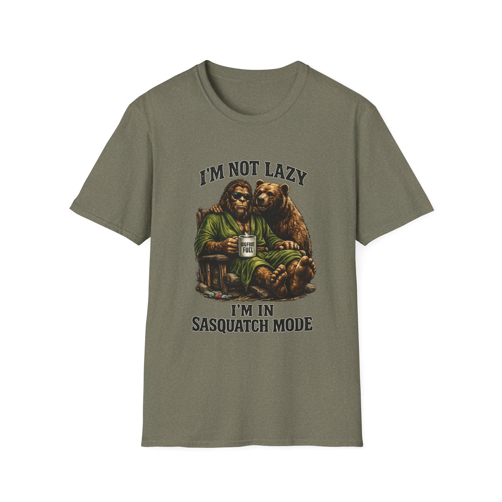 Squatch Mode Bigfoot with Coffee T-Shirt | Sasquatch Sitting with Bear Buddy