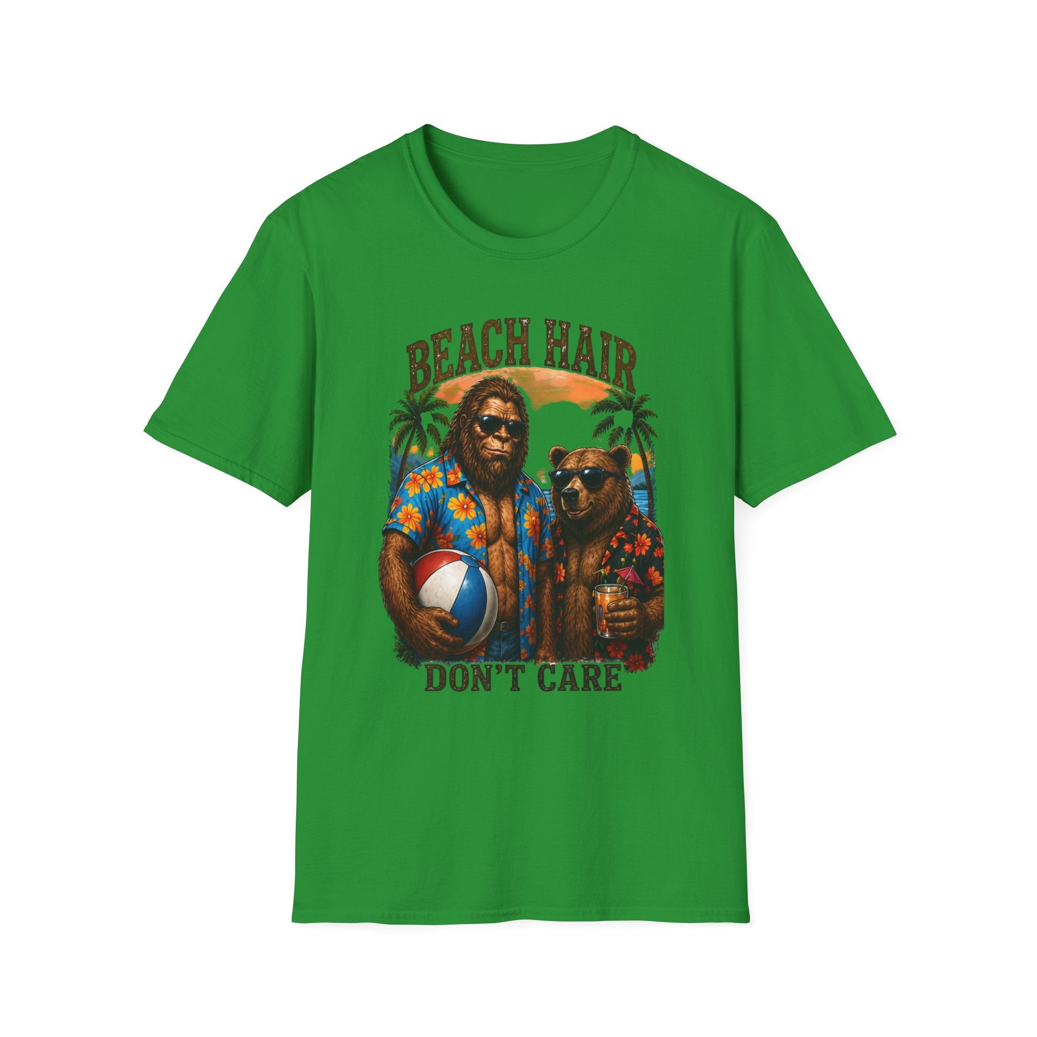 Bigfoot Beach Shirt T-Shirt — "Beach Hair Don't Care" with Hawaiian Bigfoot & Bear