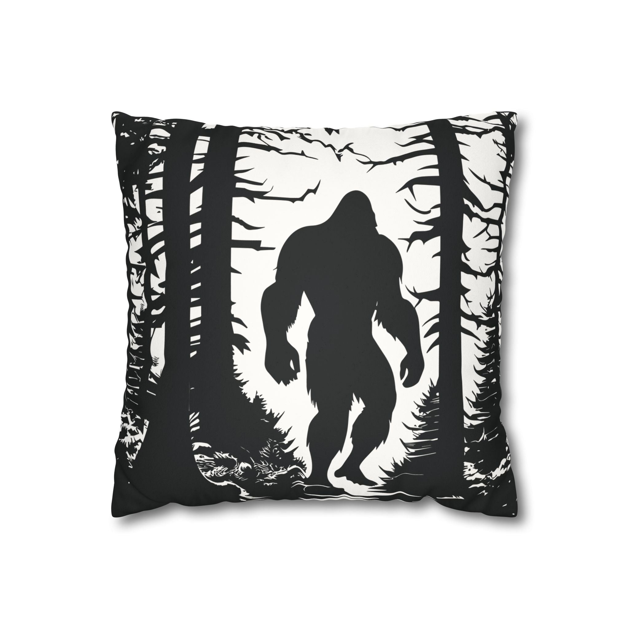 Bigfoot in Woods Faux Suede Square Pillowcase — Black & White Cryptid Throw Pillow