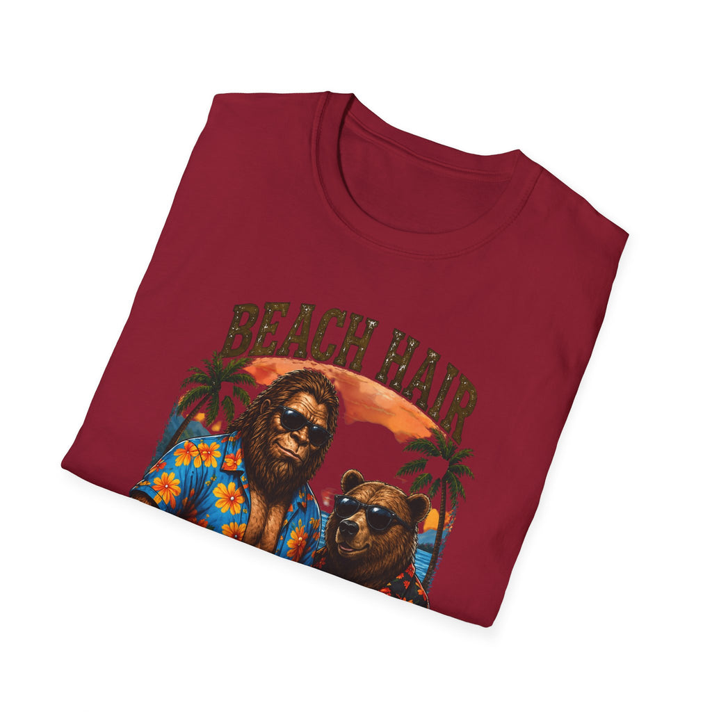 Bigfoot Beach Shirt T-Shirt — "Beach Hair Don't Care" with Hawaiian Bigfoot & Bear