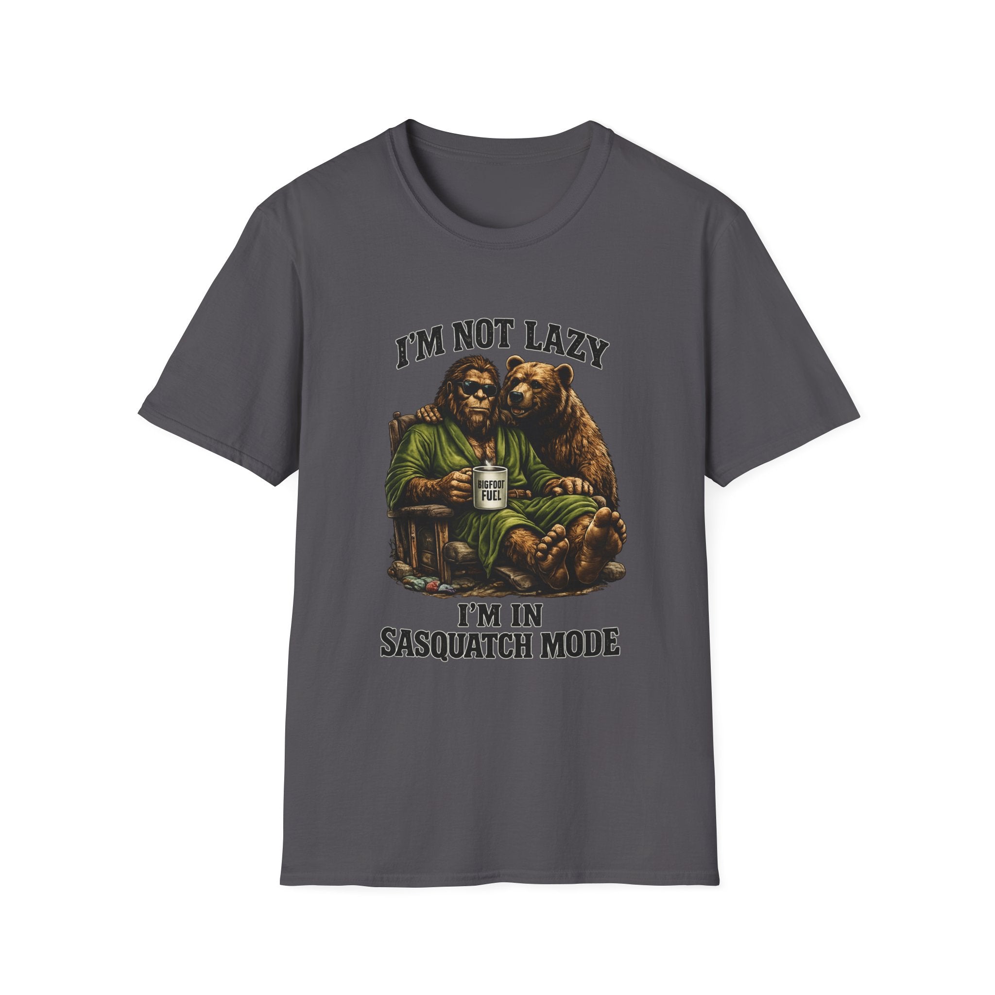 Squatch Mode Bigfoot with Coffee T-Shirt | Sasquatch Sitting with Bear Buddy