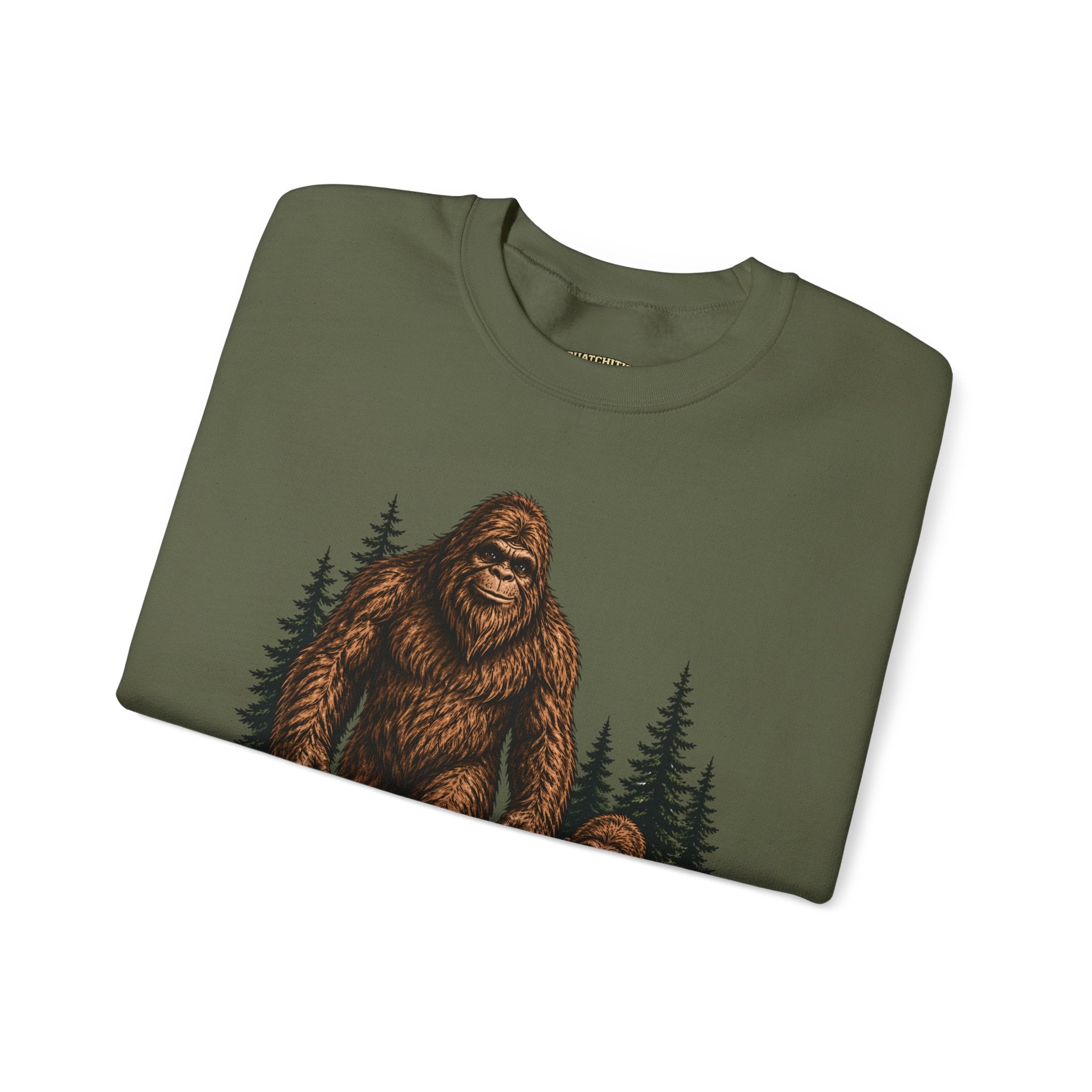 Bigfoot and Boy Walking Through Woods Sweatshirt | Sasquatch Woodland Design