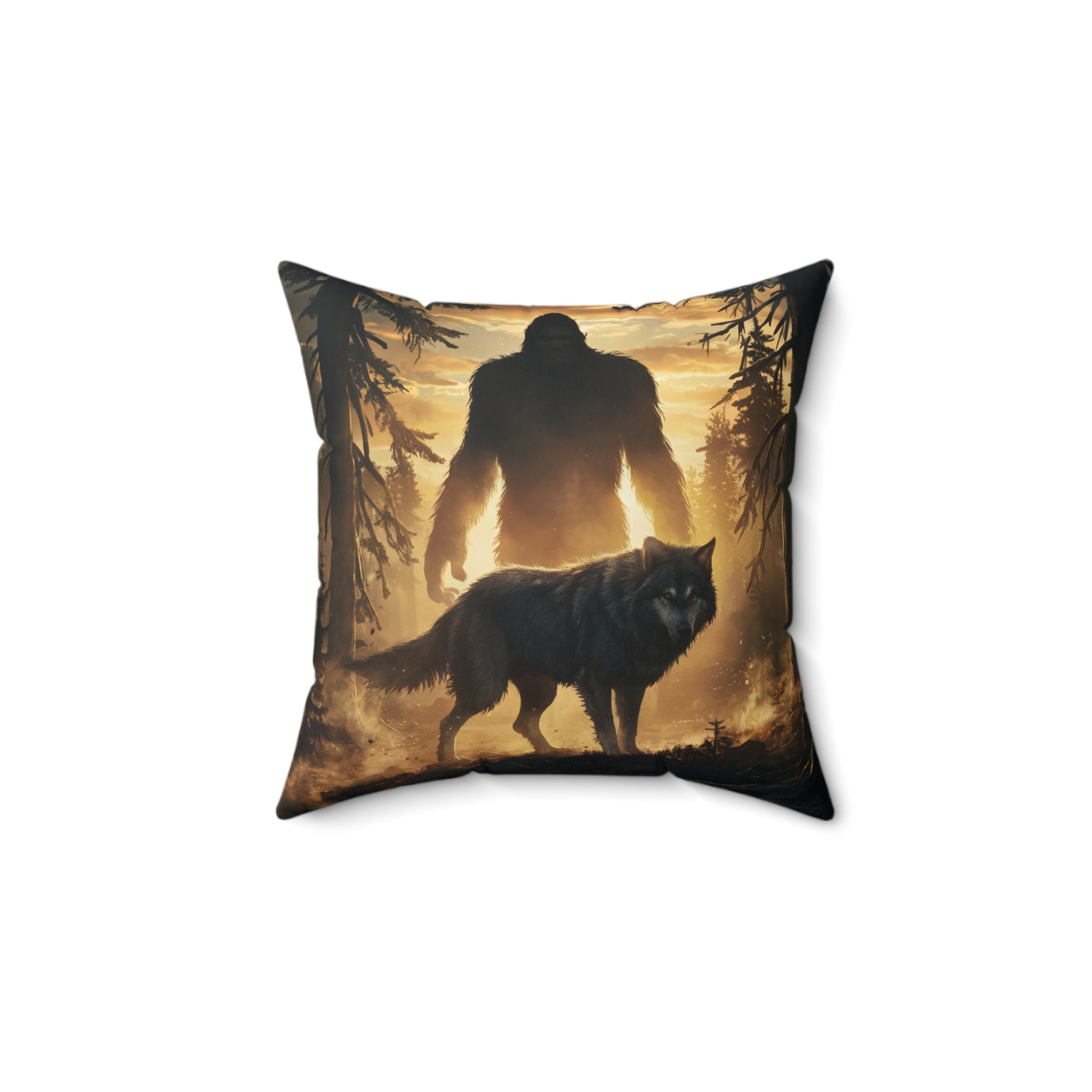 Bigfoot and Wolf Pillow | Faux Suede Square Throw Pillow