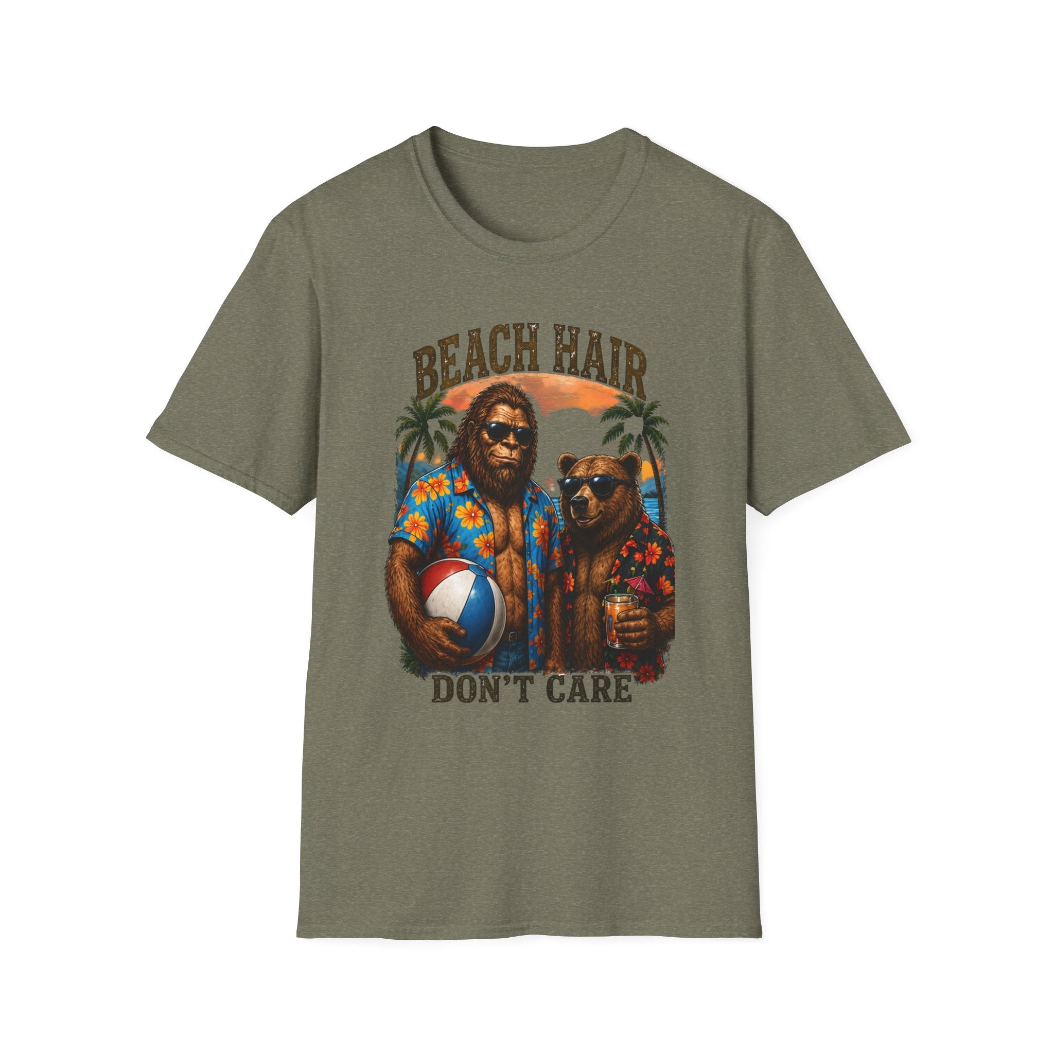 Bigfoot Beach Shirt T-Shirt — "Beach Hair Don't Care" with Hawaiian Bigfoot & Bear