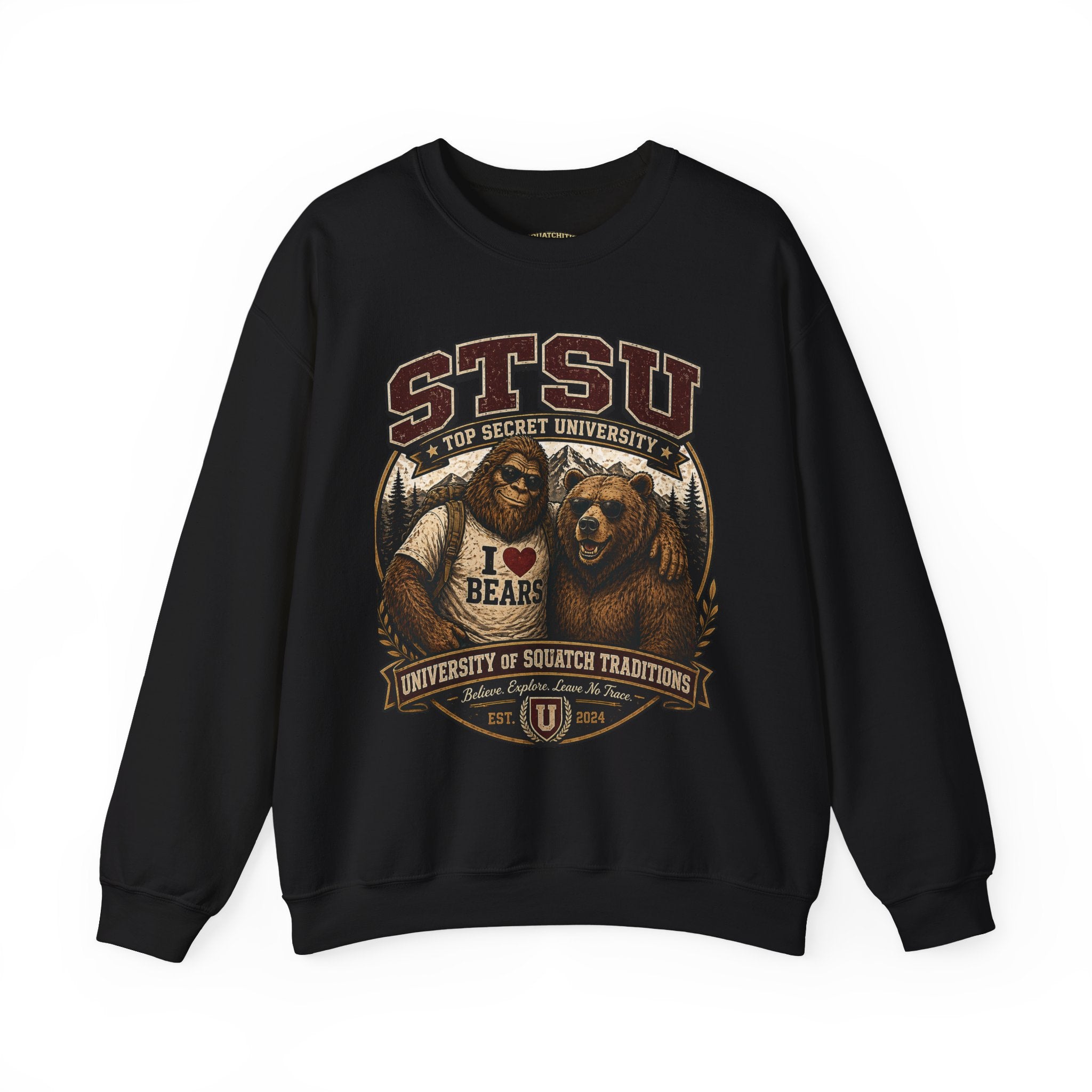 Squatchitis Top Secret University Bigfoot& Bear Crewneck Sweatshirt