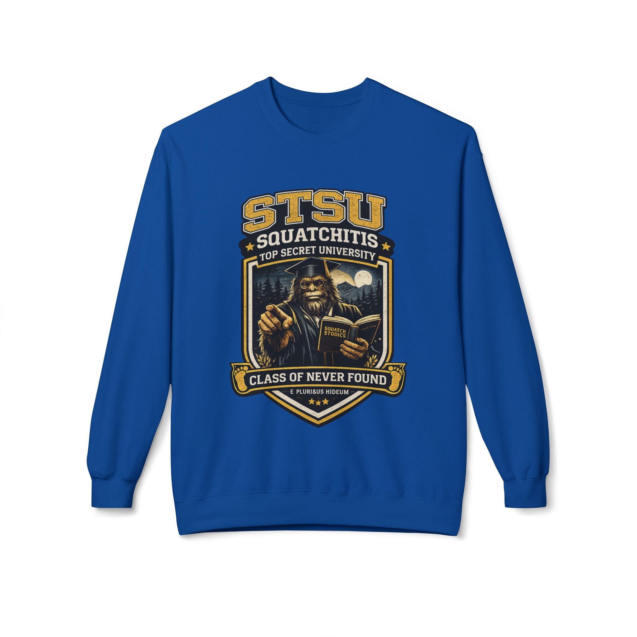Squatchitis University Bigfoot in Cap and Gown Sweatshirt