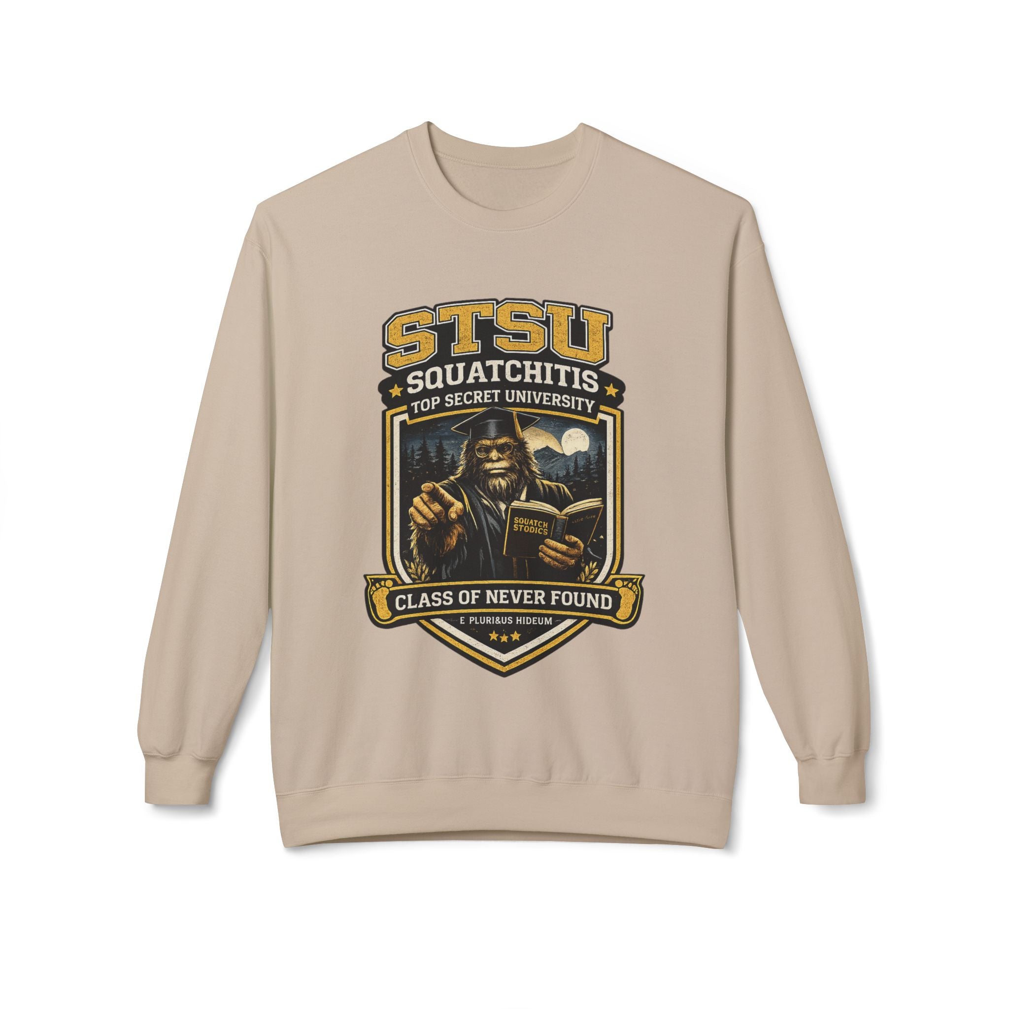Squatchitis University Bigfoot in Cap and Gown Sweatshirt